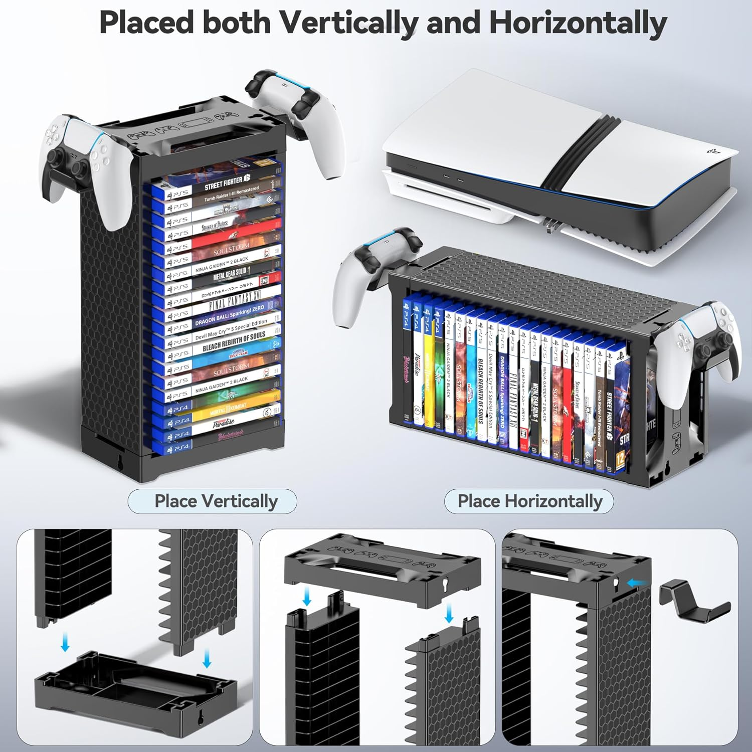 Kytok Video Game Storage Stand Tower with Controller Holder, Wall Mount Game Disc Case Organizer Compatible with PS5 PS4 Nintendo Switch Xbox Series/One, Vertical & Horizontal Stand for 20 Gaming Disc image number 2