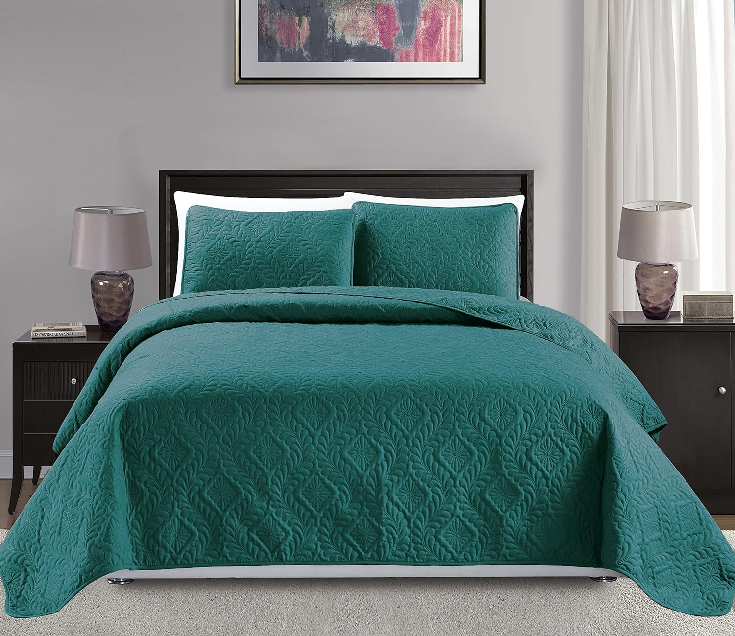 Mk Collection King/California King over Size 118X106 3 Pc Diamond Bedspread Bed-Cover Embossed Solid Turquoise New image number 5