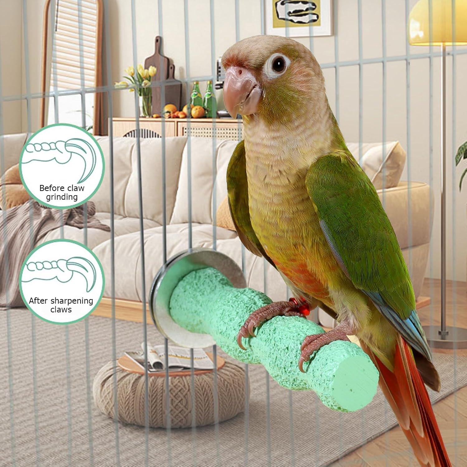Bird Cage Perch Stand & Chewing Stick, Natural Paw Grinding & Beak Care Tool, Training Exercise Toy for Small Medium Birds: Budgies, Parakeets, Lovebirds, Conure, Cockatiels (Green) image number 6