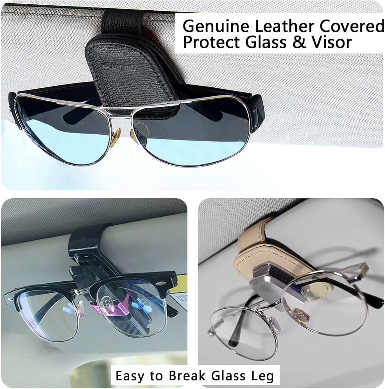 2 Packs Sunglasses Holder for Car Visor, Genuine Leather Car Sunglass Holder, Glasses Clip for Cars,Auto Interior Accessories Universal for SUV Pickup Truck image number 4
