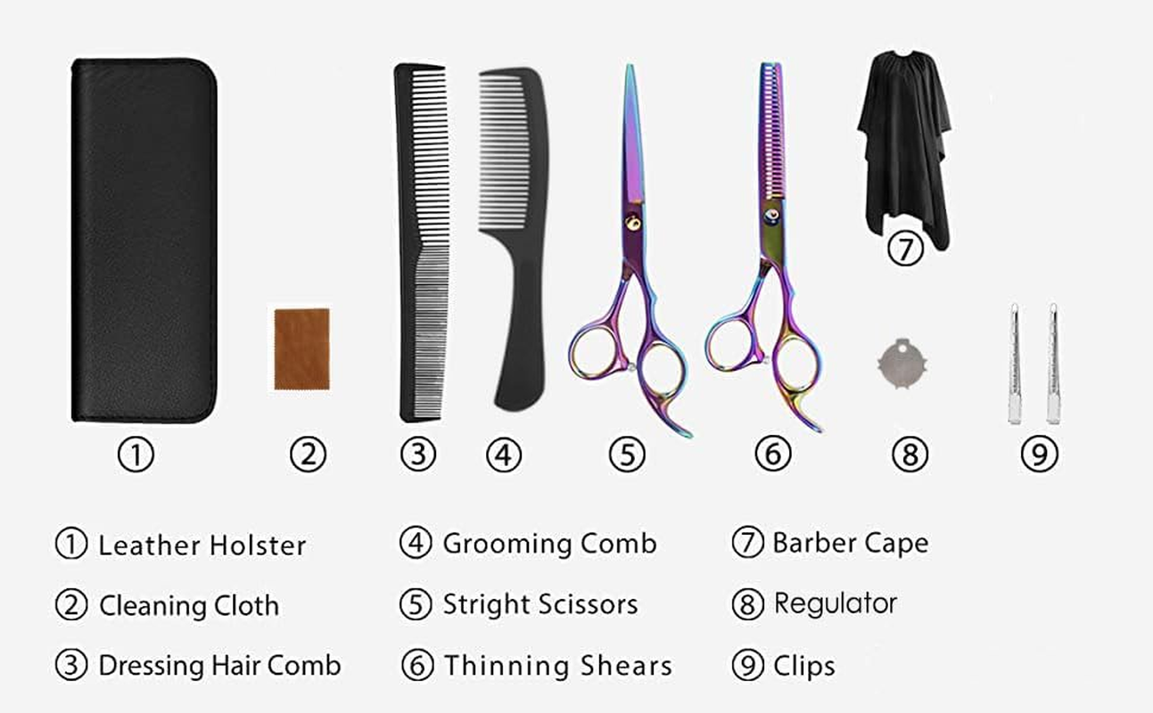 Vivva Hair Cutting Scissors Kit,10 Pcs Professional Haircut Scissors Kit with Cutting Scissors,Thinning Scissors,Comb,Barber Cape,Hair Clips,Hairdressing Shears Set for Barber and Home Rainbow image number 2