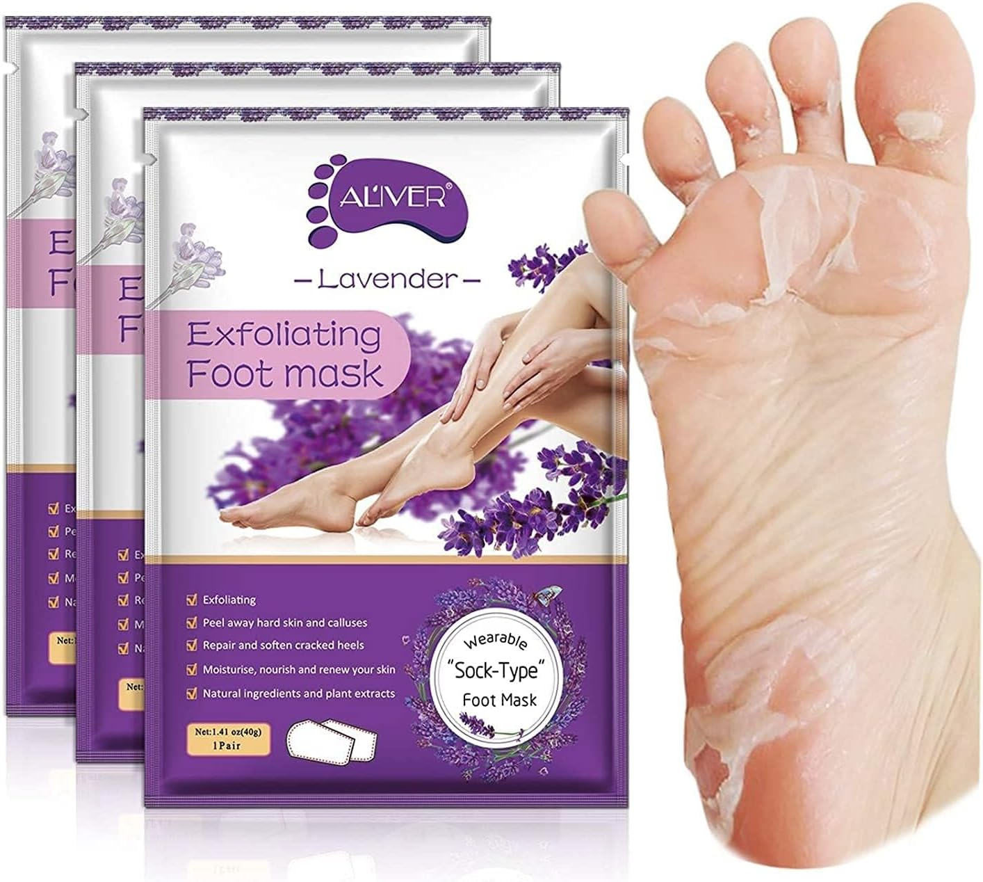 Foot Peel Mask 3 Pack, Exfoliator Peel off Calluses, Exfoliating Foot Care,Foot Exfoliator Repair Dry Cracked Feet,Peeling Away Dead Skin, Calluses, Dead Skin Callus Remover, Baby Soft Smooth Touch Feet-Men Women (Lavender) image number 3