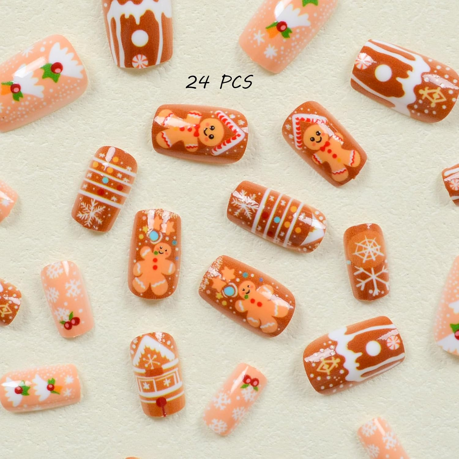24 PCS Press on Nails Christmas Fake Nails Gingerbread Man Fake Nails Snowflake Fake Nails Medium Fake Nails Gifts for Women and Girls (No.107) - Style 11 image number 5
