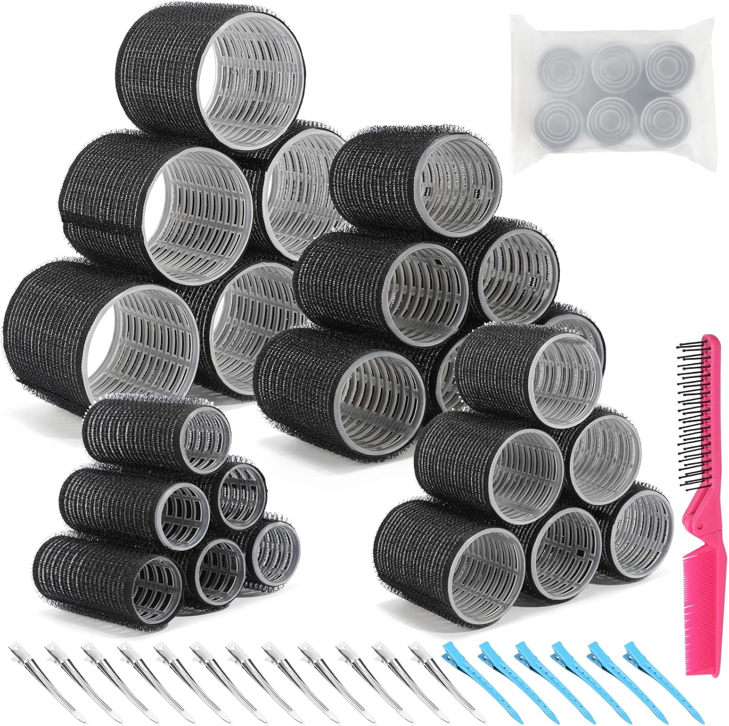 43PCS Self Grip Hair Rollers Set for Long Thick Hair &ndash; 4 Sizes Curlers (25Mm-60Mm) with 18 Extra-Large Clips & Folding Comb &ndash; Heatless Hair Curlers for Volume & Waves image number 3