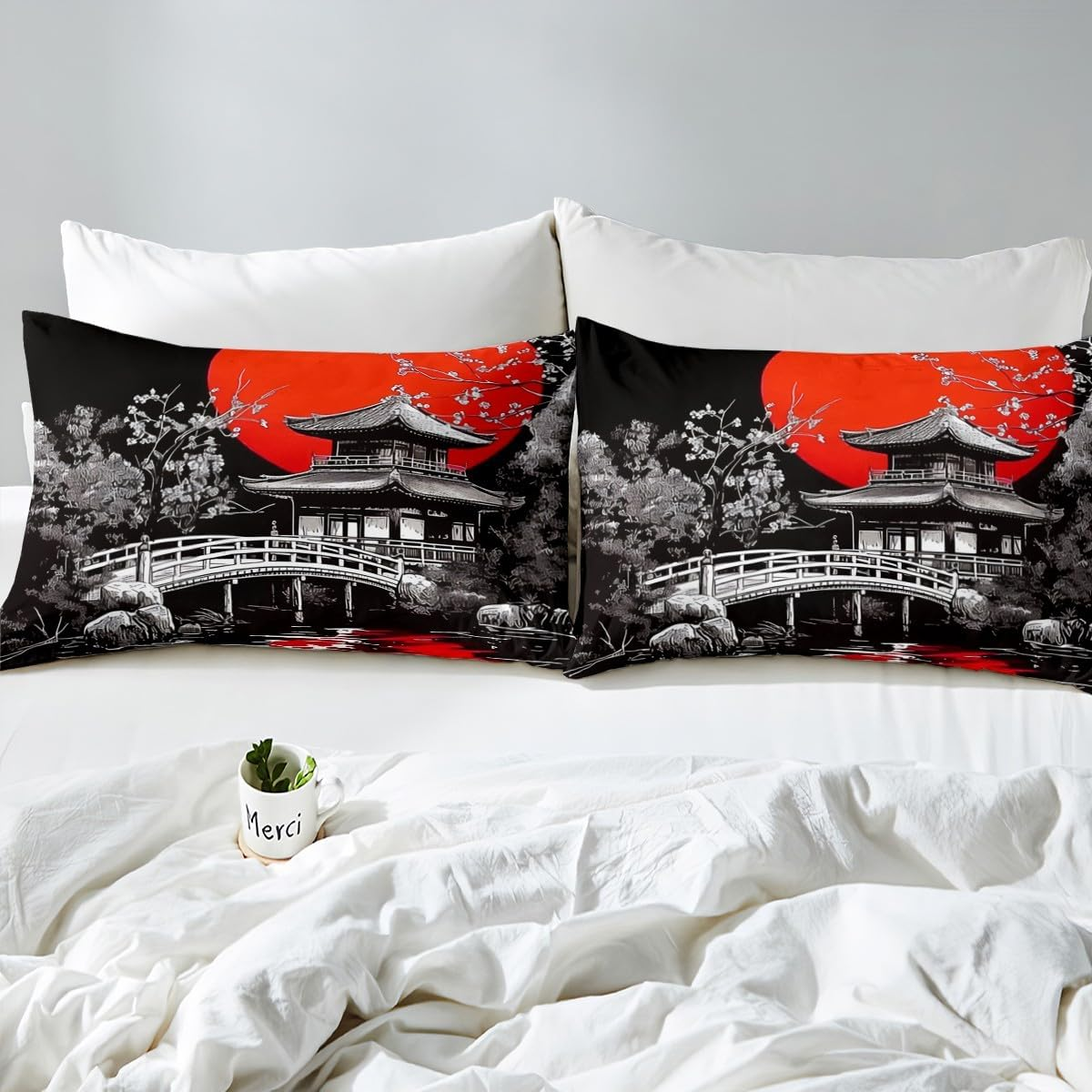 Loussiesd Japanese Ukiyoe Duvet Cover Set Single Size for Kids Boys Girls Adults Anime Bedding Set Red Sunset Comforter Cover with 1 Pillowcase Japanese Style Hokusai Pattern Beds Set image number 3