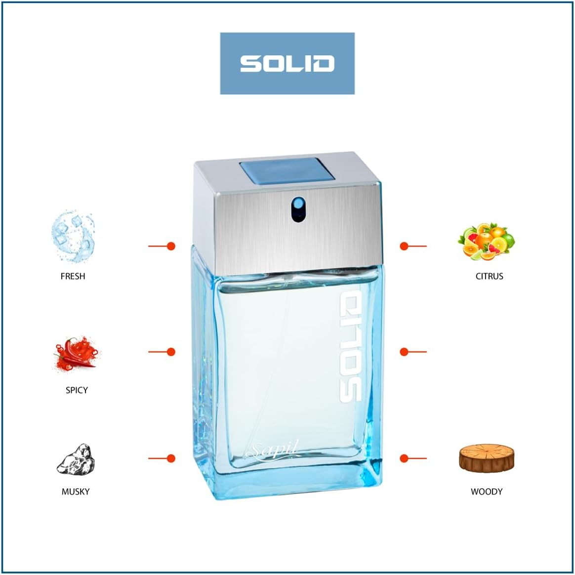 Sapil Solid - EDT Spray for Men - Powerful and Exotic Eau De Toilette - Long Lasting and Addictive Cologne - Opens with Citrus Notes - Perfect for Date Night or Evening Out - 3.4 Oz image number 1