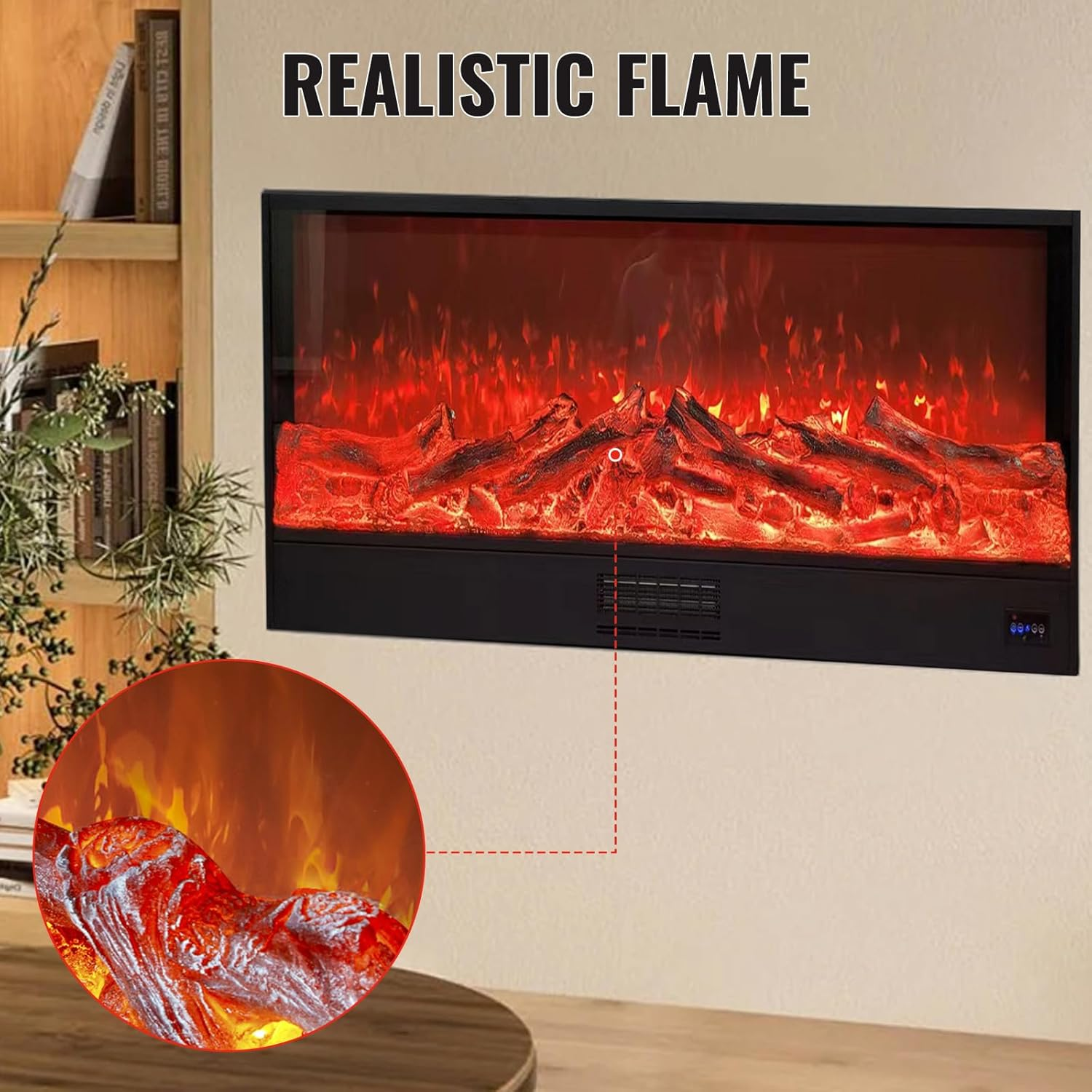 USOR Electric Fireplace 150Cm Recessed Wall Mounted Heater Linear Fireplace Smoke-Free Wood Charcoal Led Ultra Thin Remote Control 7 Colors Flame 5 Levels Dimmable Insert Fireplace Heating 750W/1500W