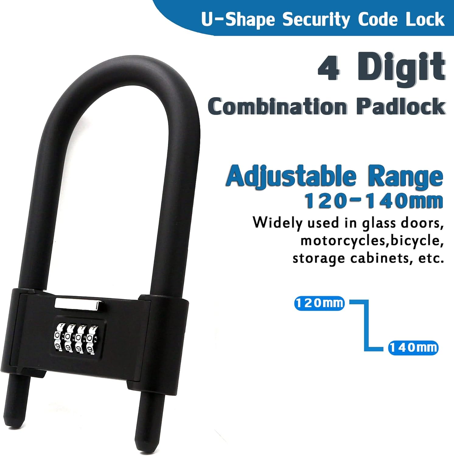 4 Digit Combination Padlock, Heavy Duty anti Theft U-Shape Security Code Lock with Adjustable Shackle,For Bicycles,E-Bike,Mountain Bike,Gates,Shed,Fence [Adjustable Range 120-140Mm] - X-Large(12.0*4.52") image number 3
