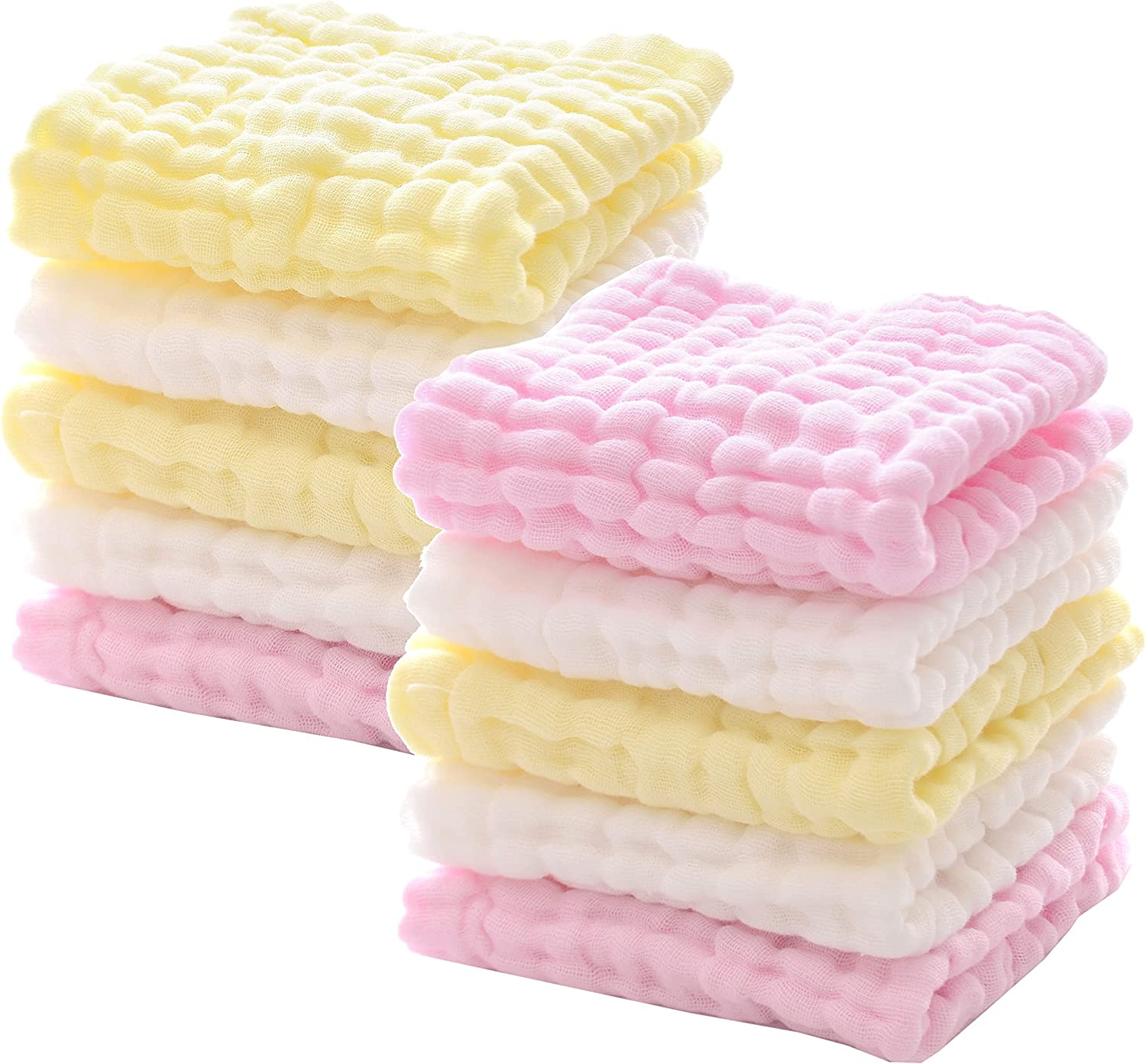 MUKIN Baby Washcloths - Natural Cotton Baby Wipes - Soft Newborn Baby Face Towel for Sensitive Skin- Baby Registry as Shower, 10 Pack 12X12 Inches (Pink,Yellow,White)
