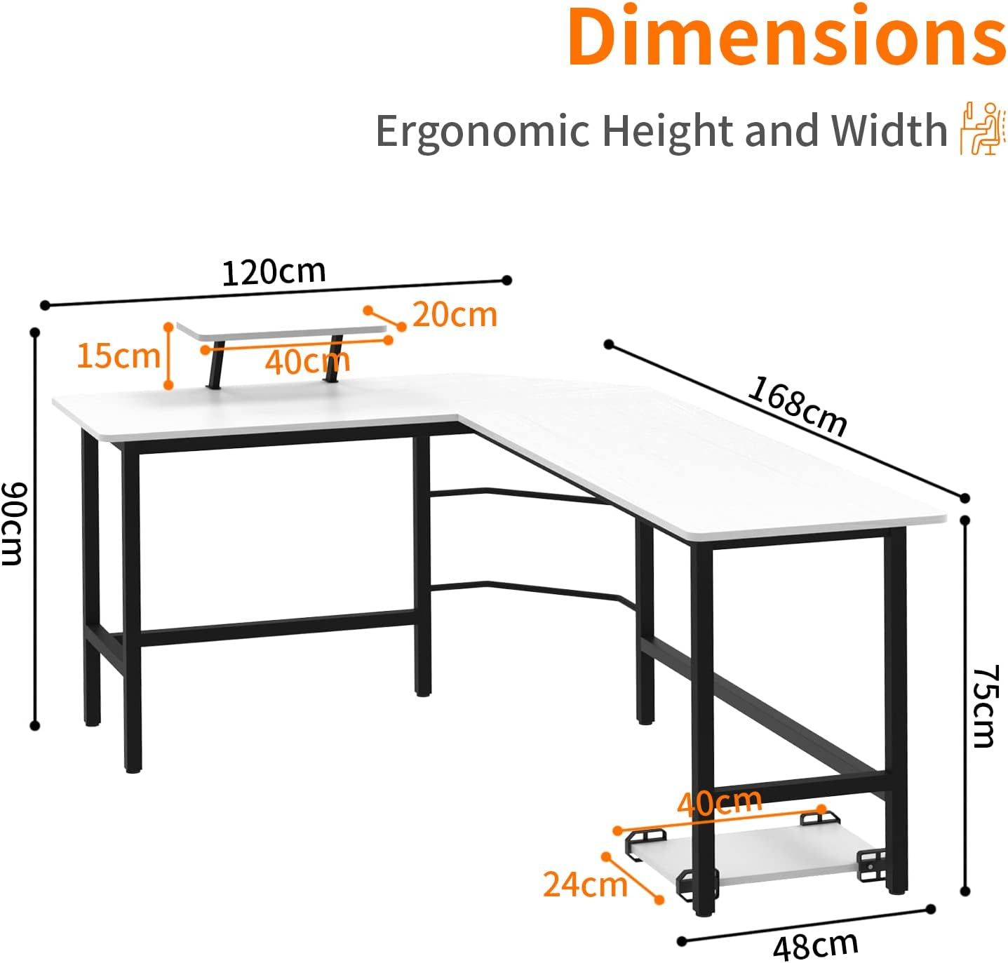 ADVWIN L Shaped Gaming Computer Desk 168Cm Wood Corner Desk with Tower Stand for Study Room Gaming Room Home Office Workstation White - Black, 130Cm image number 7