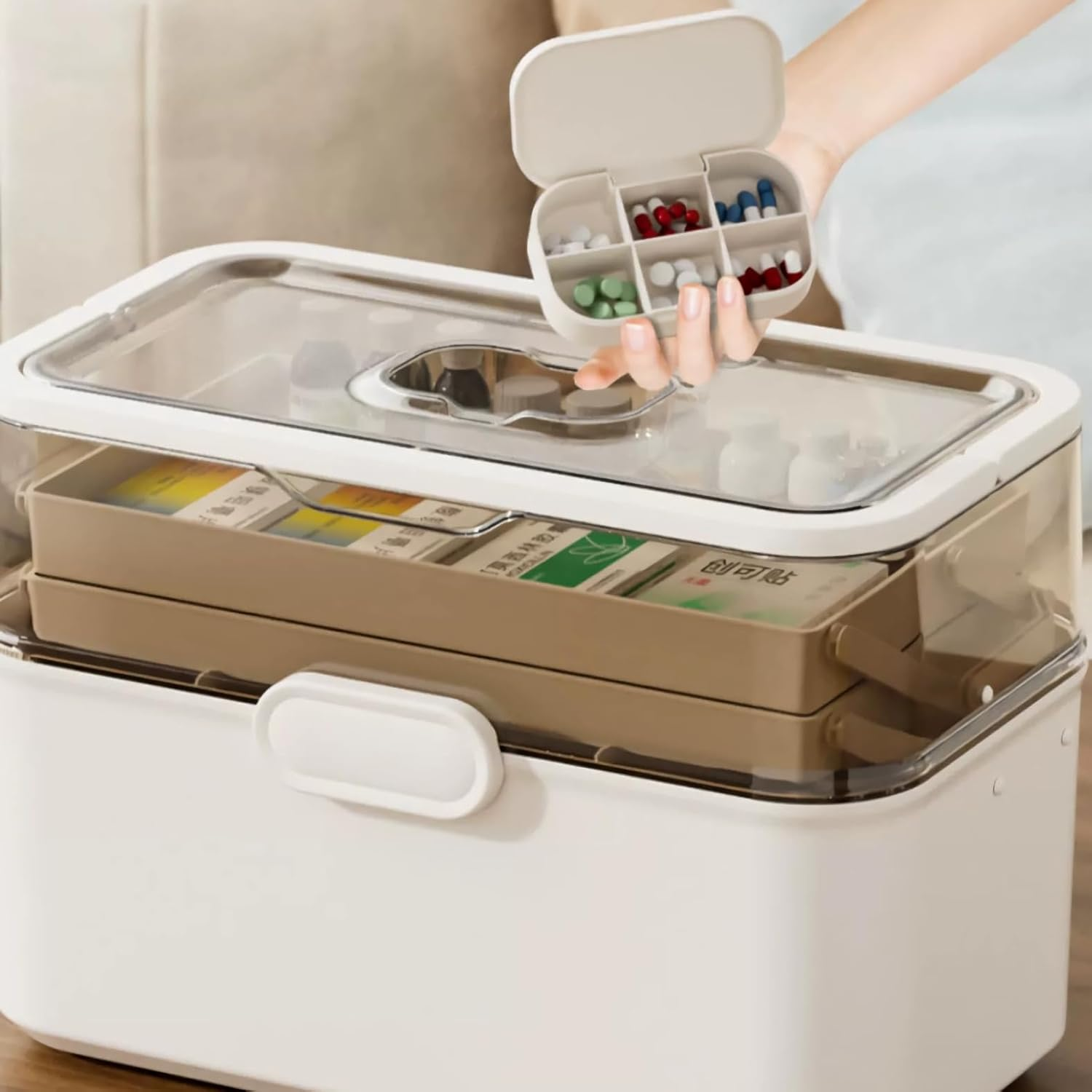 Household Medicine Cabinet/Box with 7 Day Large Pill Organizer (Three Times-A-Day) and Six Grids Pill Organizer-Three-Tier Storage Area,Large Capacity image number 6