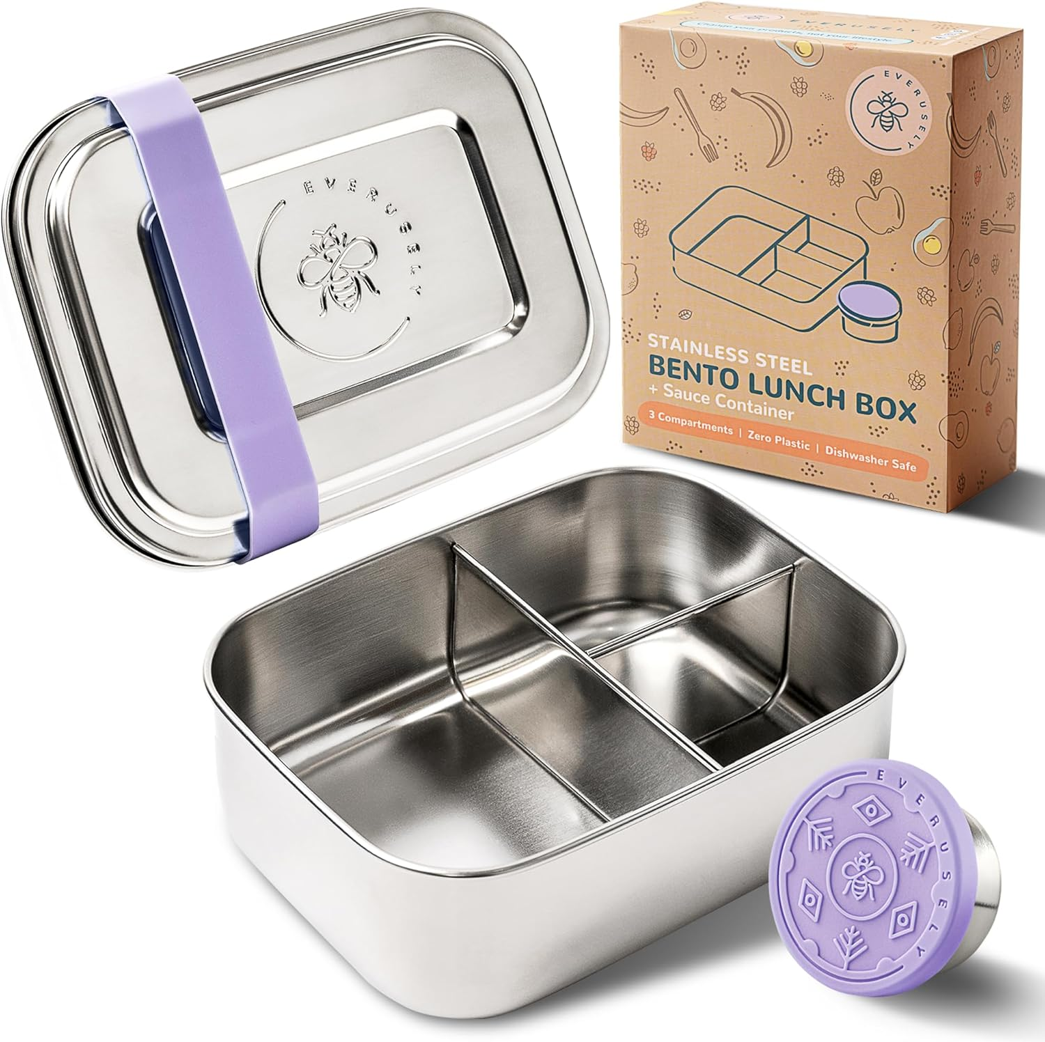 Everusely Small Stainless Steel Bento Box for Kids, 3 Compartment Metal Lunch Box with Bonus Leakproof Dip Container, Stainless Steel Lunch Containers, Eco Tiffin Lunch Box