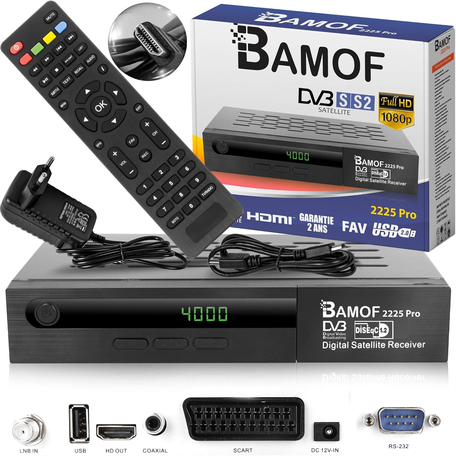 Bamof 2225 PRO Satellite Receiver (HDTV, DVB-S/DVB-S2, HDMI, SCART, 2X USB, Full HD 1080P) [Pre-Programmed for Astra, Hotbird and T&uuml;rksat] + HDMI Cable image number 4