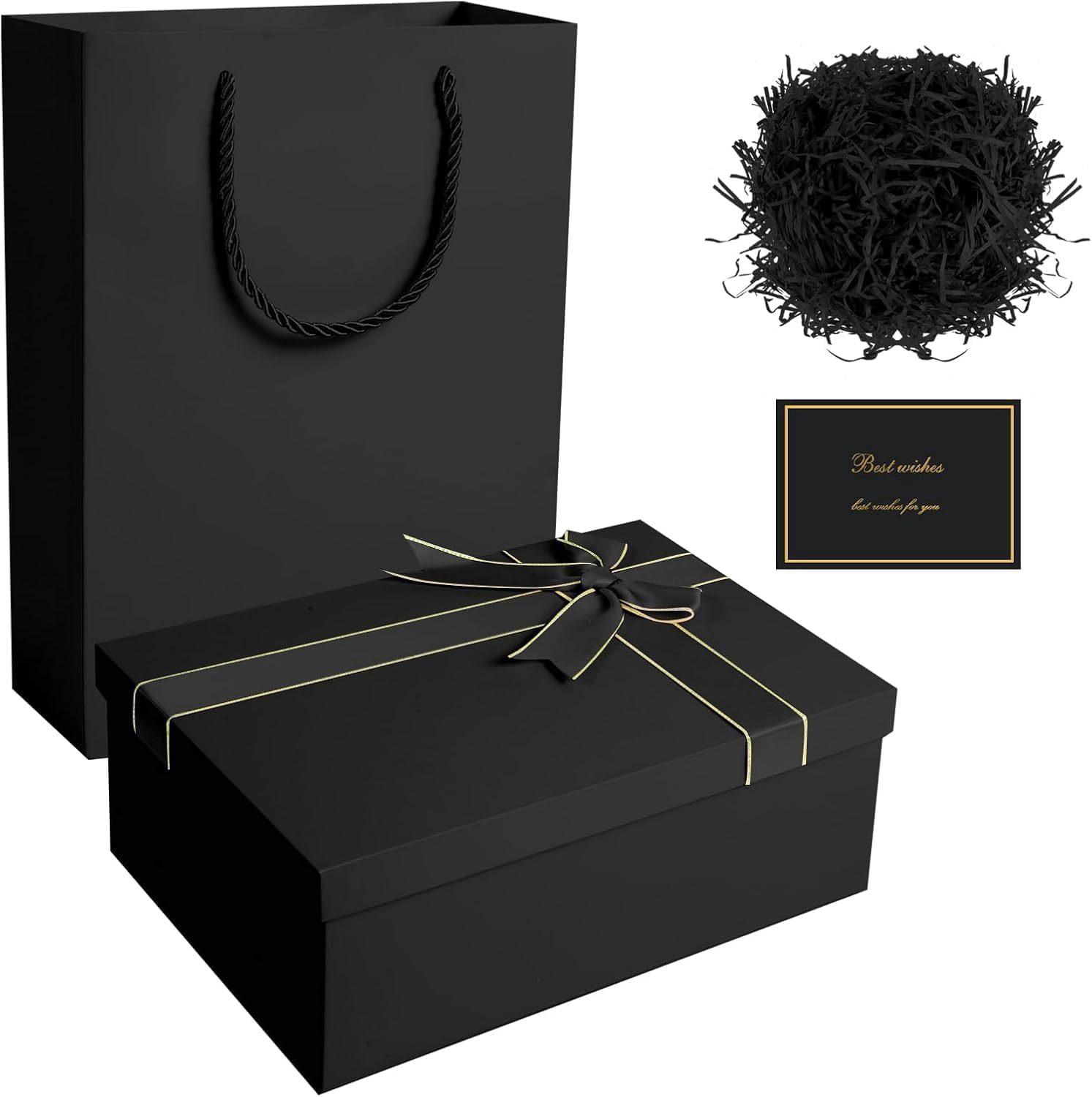 PQCLXUYA Black Gift Boxes,8.6" X 6.3" X 3.3" Gift Boxes with Lids,Luxury Gift Boxes,With Ribbon Bow, Gift Bags,Card and Shredded Paper Filler Family, Friends, Children or Clients (Black)
