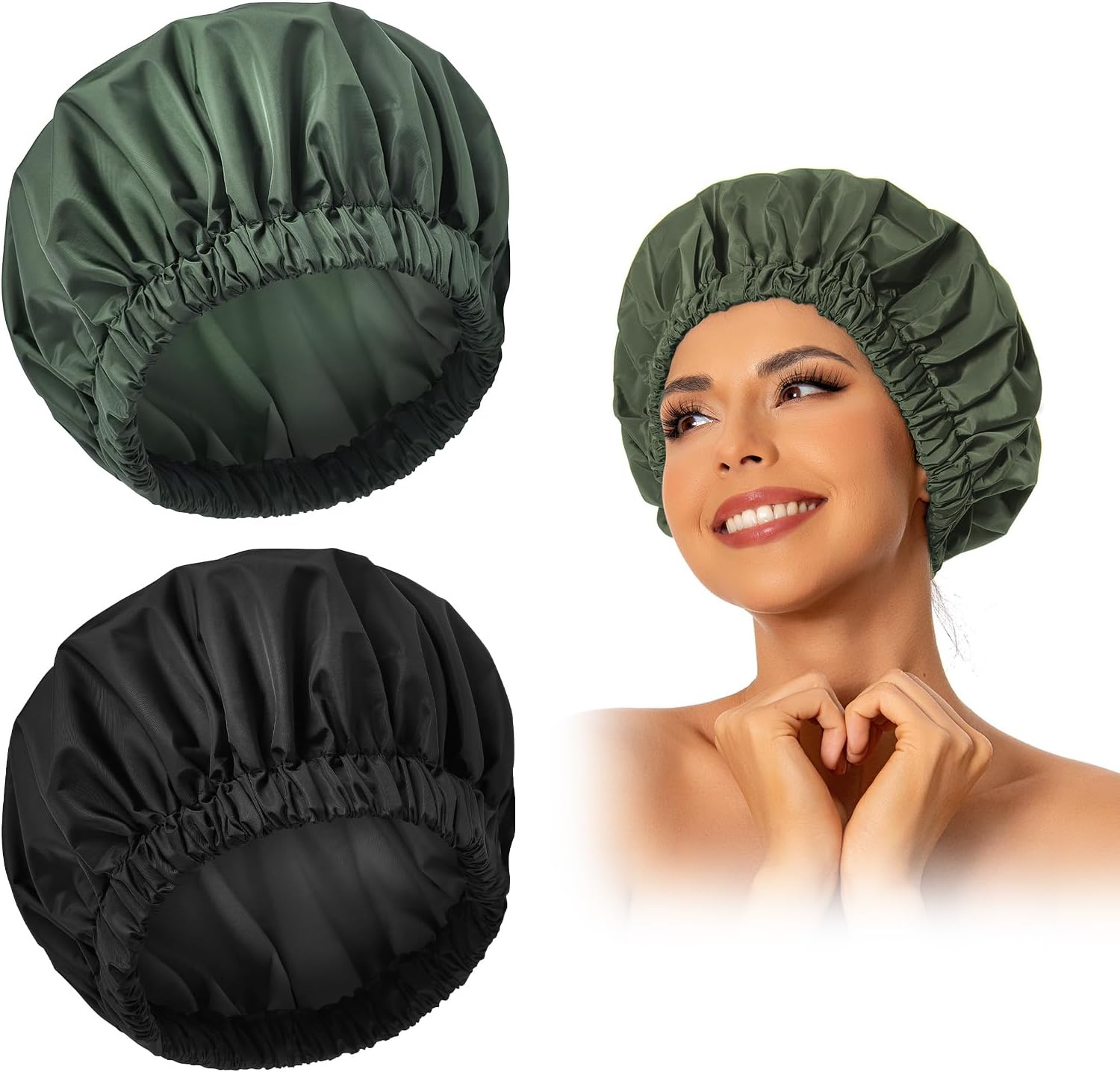 Reusable Shower Cap for Women, Large Waterproof Shower Bonnet Washable Elastic Band Bath Hair Hat for Long Hair, Braids(Green)