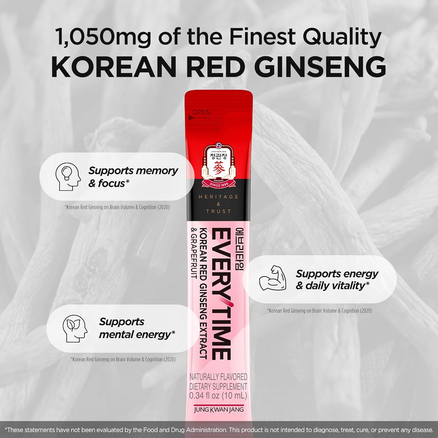 Jung Kwan Jang Korean Red Ginseng Extract Everytime 1,000Mg & Grapefruit Liquid Stick - Vegan Frendly, Ginseng Root Energy Drink Supplements - Builds Stamina & Immunity, Caffeine Free, GMO Free (10Ml X 10 Sticks) image number 2