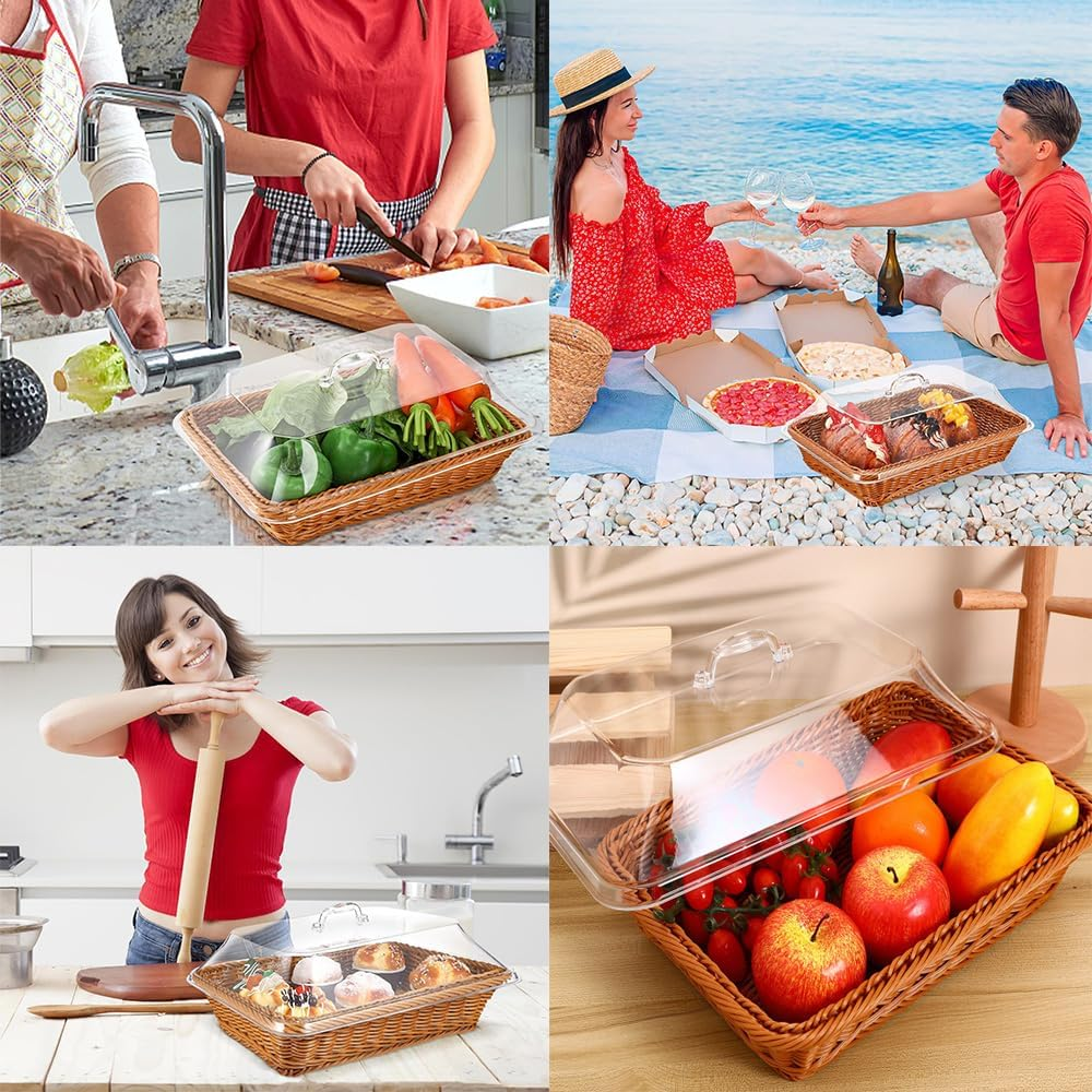 SHENMAIDAY Bread Basket with Lid, Woven Rattan Bread Basket, Desktop Food Serving Basket with Acrylic Lid, Kitchen Restaurant Fruit and Vegetable Basket, Multifunctional Storage Basket image number 4