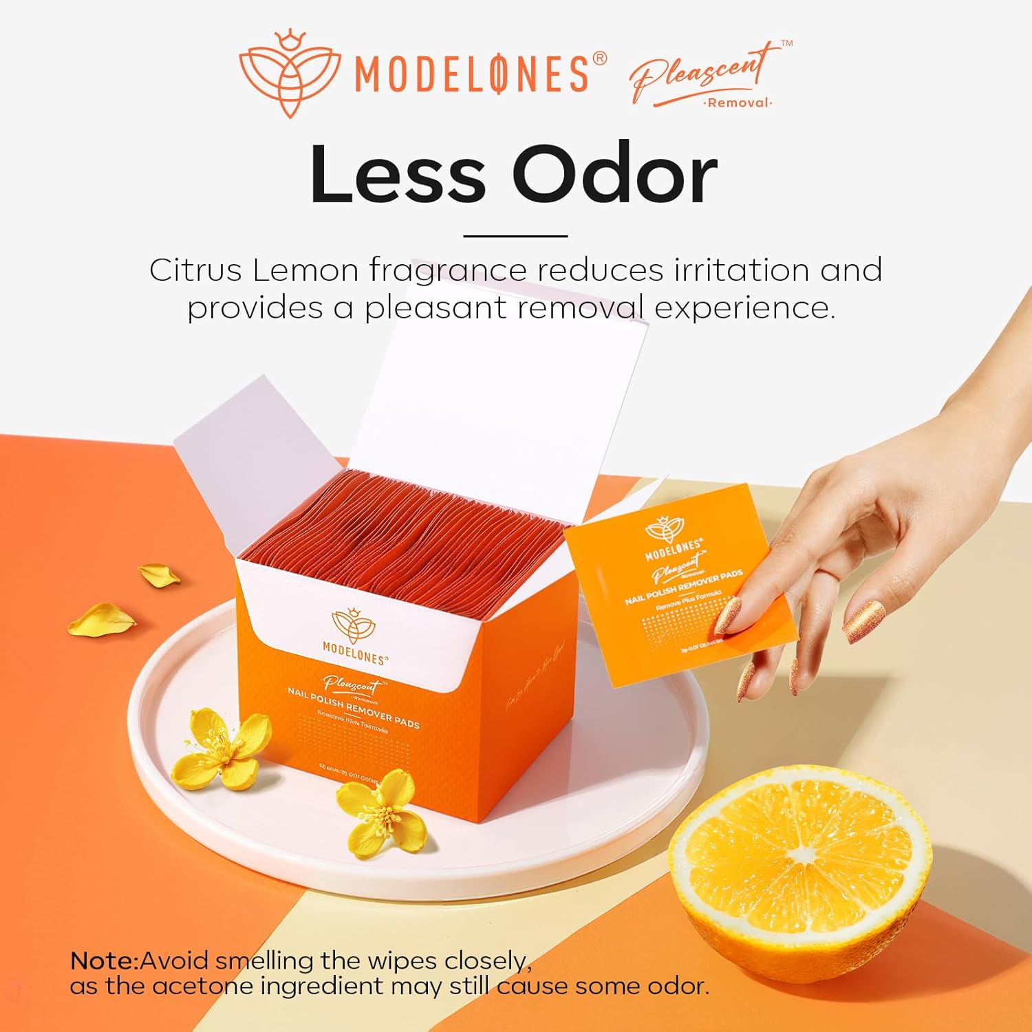 Modelones Nail Polish Remover Pads, 50 PCS Professional Acetone Nail Polish Remover Wipes Individually Wrapped Wet Wipes Easily & Quickly/Lemon-Low Odour/Glycerin Moisturizing/Big Size/Portable image number 6
