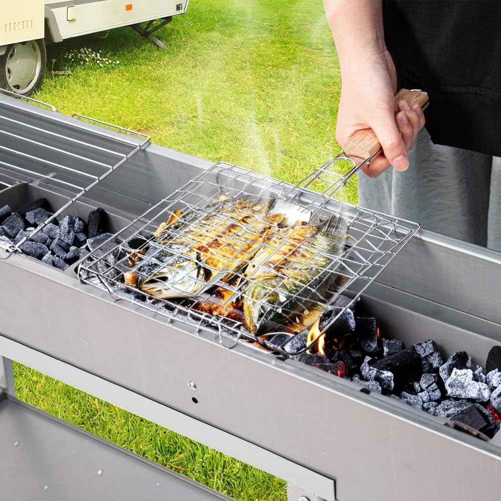 ALSTON Portable Charcoal Grill Rectangular Folding Stainless Steel BBQ Grill L100Xw18Cm for Skewer and Kebabs with Storage Shelf Outdoor Camping Patio Cooking