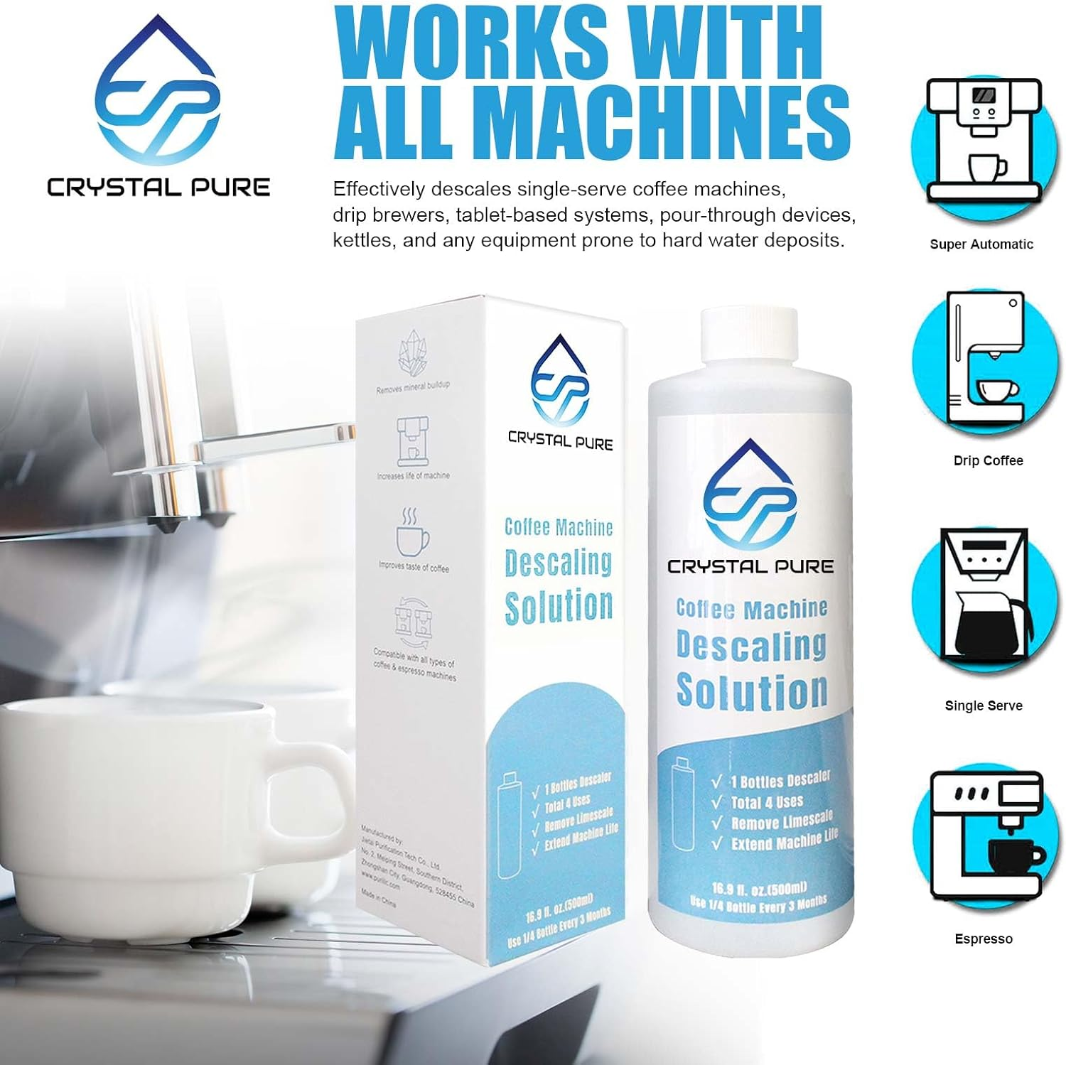 Crystal Pure 500Ml Liquid Descaler Cleaner Descale Descaling Solution for Breville Gaggia Saeco Delonghi Jura Sunbeam Espresso Coffee Machine image number 1
