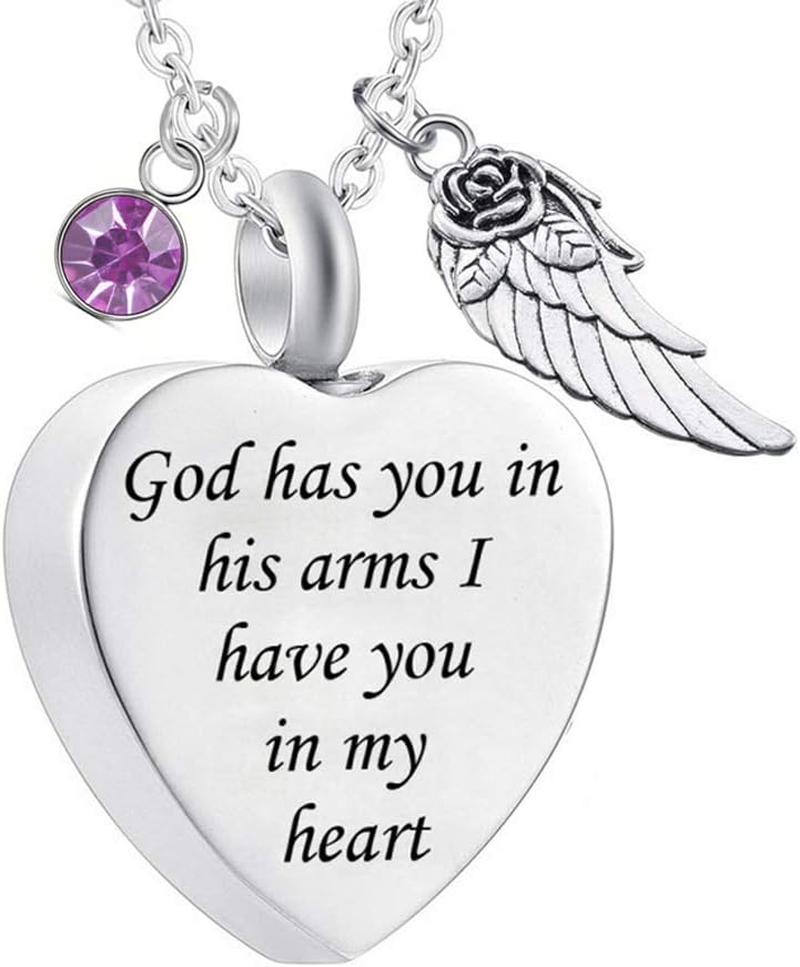 God Has You in His Arms with Angel Wing Charm Cremation Ashes Jewelry Keepsake Memorial Urn Necklace with Birthstone Crystal, 20 X 25 Mm, Metal, Zircon