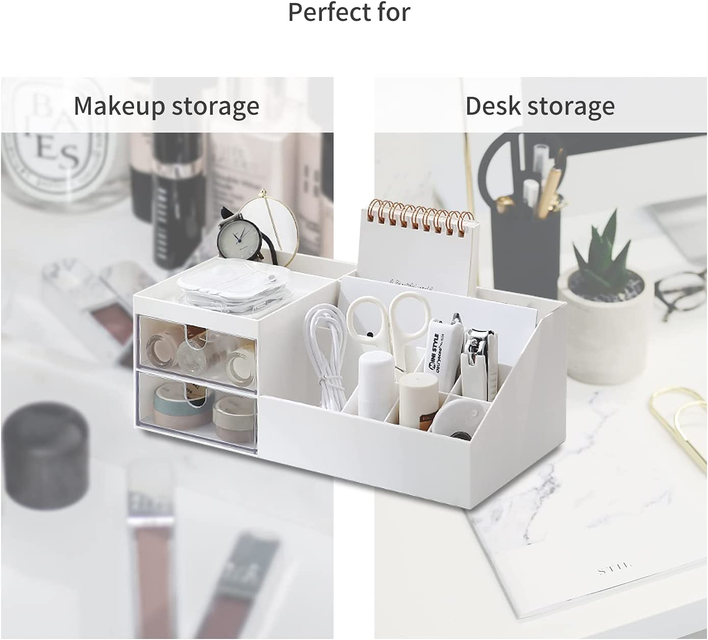 NWK Desk Makeup Organiser with Brush Holder, Skincare Cosmetic and Perfume Storage, Bathroom Organiser for Lipsticks, Nail Care, Jewelry, Office, 2 Drawers and 11 Compartments (White) image number 5