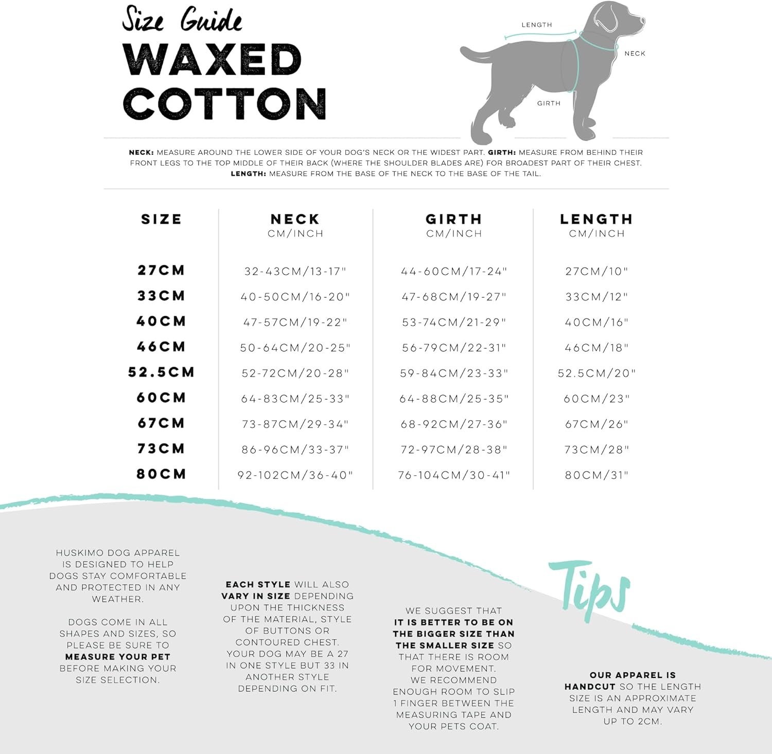 Huskimo Dog Coat Waxed Cotton Thunder 67Cm, Black &ndash; Waterproof & Windproof Dog Jacket with Corduroy Neck Panel, Adjustable Fit, Soft Cotton Lining, Eco-Friendly Oilskin Alternative