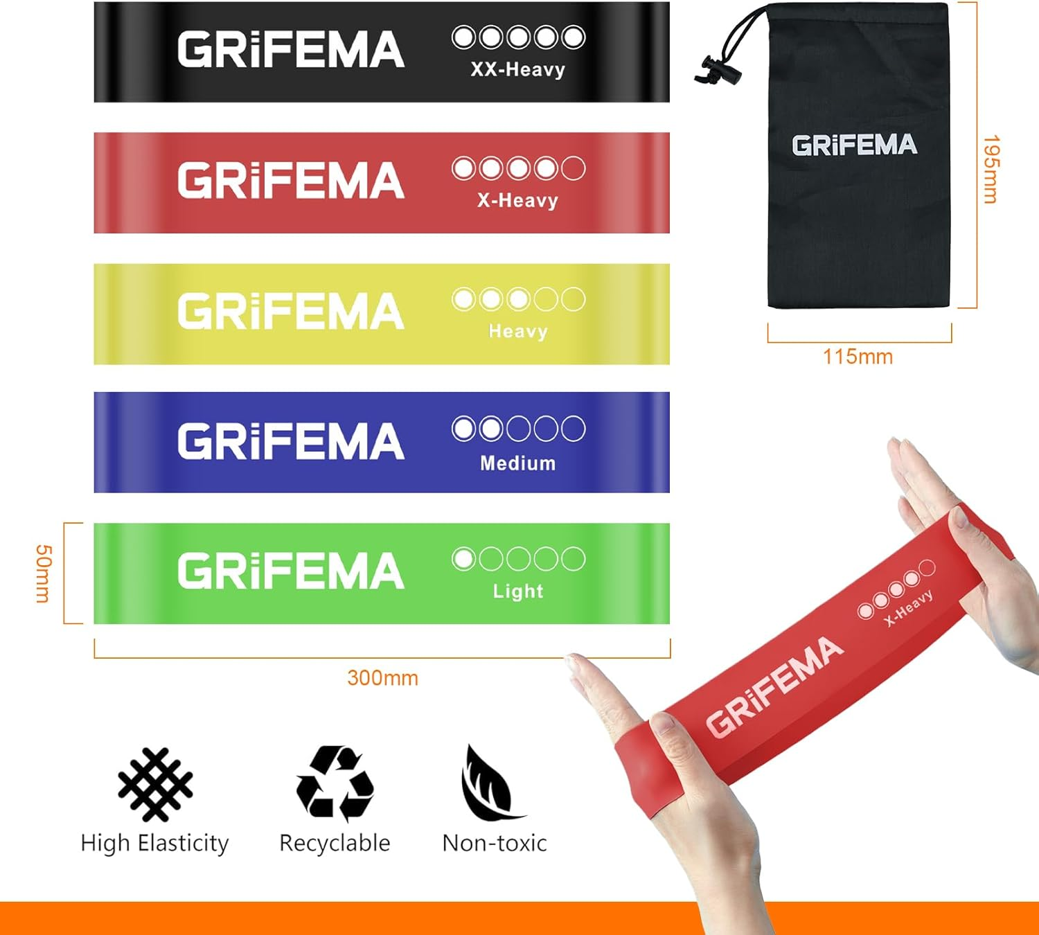 GRIFEMA GAK5001 Resistance Bands [Set of 5], Exercise Resistance Bands Set Women and Men, 5 Different Levels Stretch Bands for Exercise - for Home, Gym, Yoga, Training image number 4