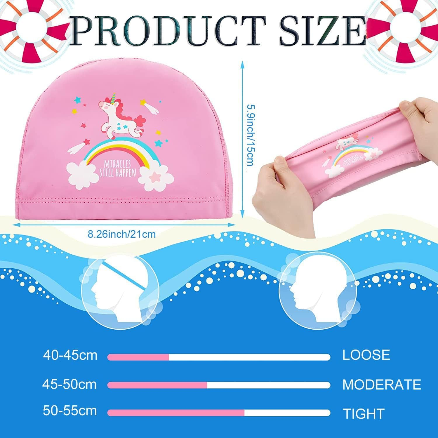 2 Pieces Swimming Cap Kids, Swim Cap Kids Long Hair, Waterproof Polyester Bonnet De Bain for Kid, Cartoon Mermaid Unicorn Kid Swim Cap, Kids Swimming Caps for Aged 2-12 Girls Teens