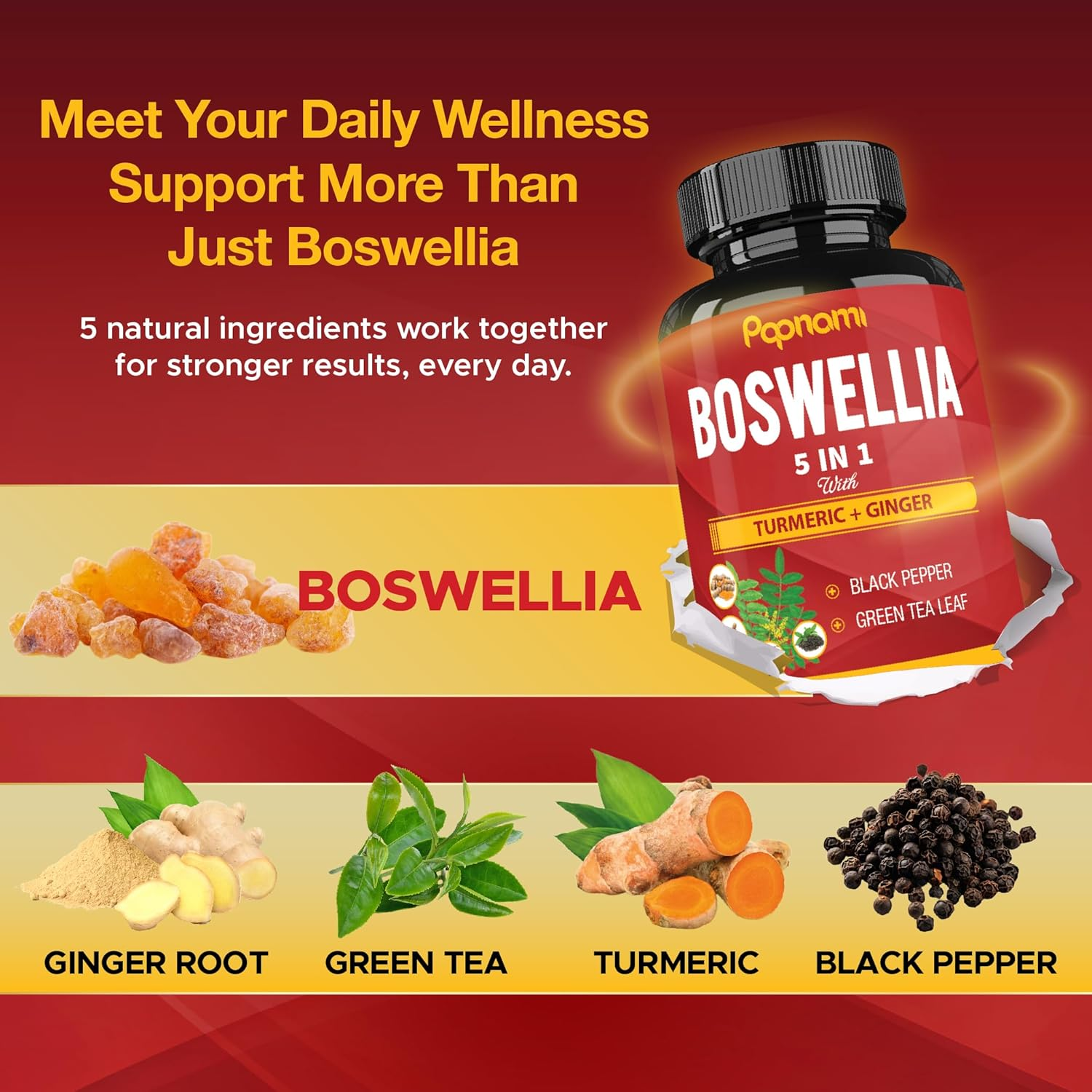 Organic Boswellia Serrata Extract Capsules with Turmeric Curcumin, Ginger, Black Pepper, Green Tea Powder - 60 Vegan Capsules image number 1