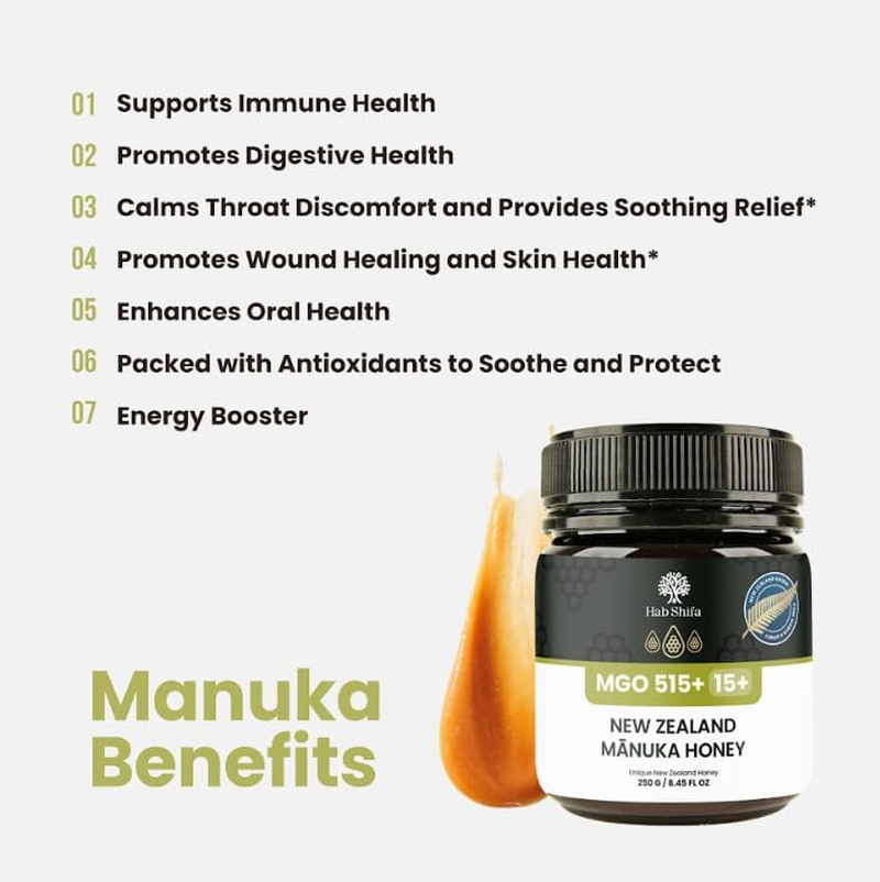 Hab Shifa - New Zealand Manuka Honey UMF 5+ MGO 100+ 250 G | Pure & Raw Honey from Native Manuka Flowers | Immune Support, Skin Care, & Soothing Relief image number 3