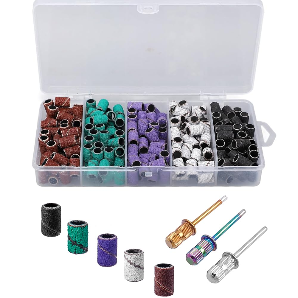 Yakamoz 250Pcs Sanding Bands for Drill Nail, 5 Colors Sanding Bands #80#120#180#240 with 3 Mandrel Bits for Acrylic Nails Manicures Pedicures image number 2
