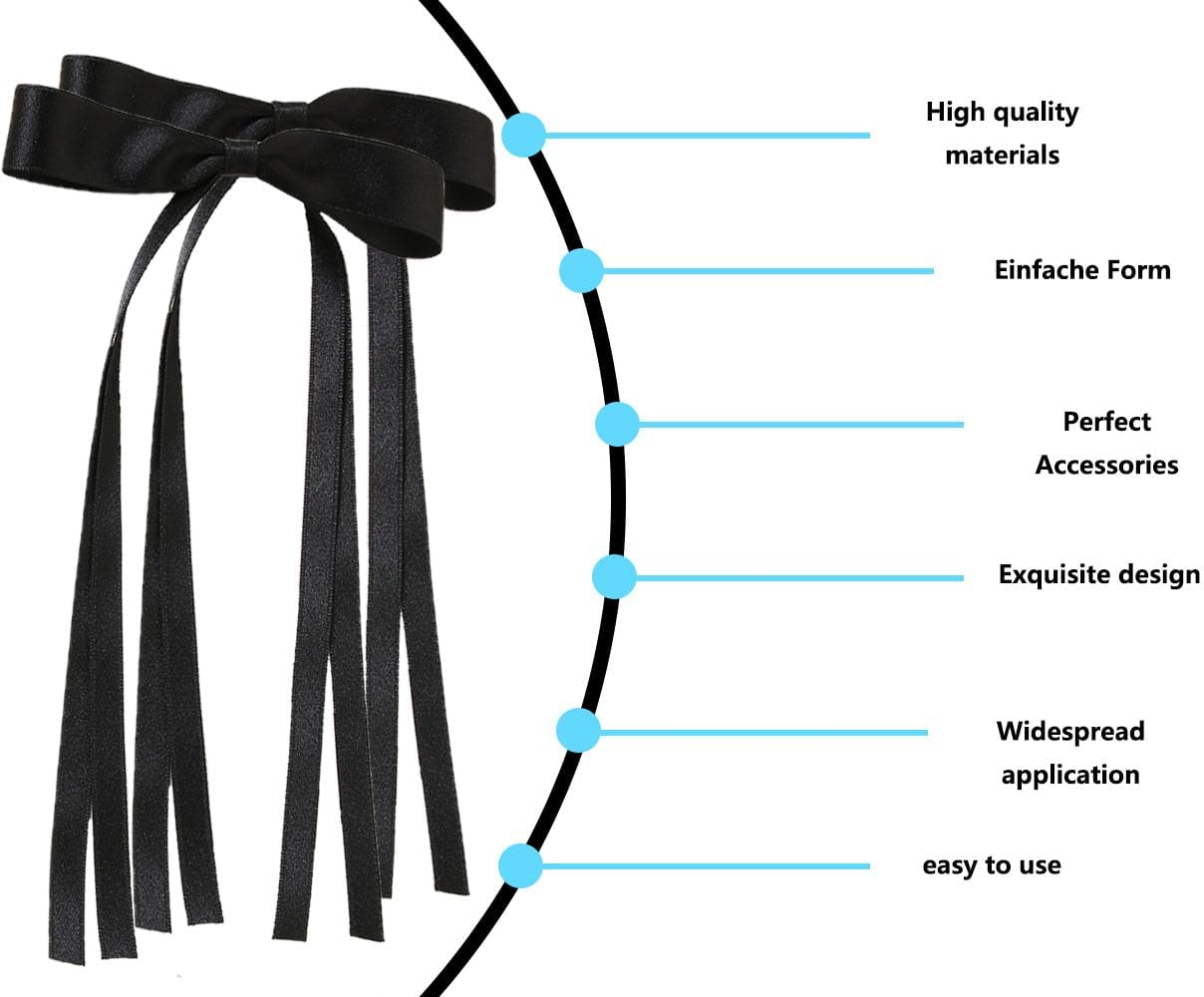 Lhbwhiz Pack of 2 Hair Bows, Silky Hair Clips, Satin Hair Pins, Hair Scrunchie, Band with Bow, Metal Hair Clip, Ponytail Holder, Hair Bow Clip, French Tassel, for Girls Hair Decoration (Black) image number 1