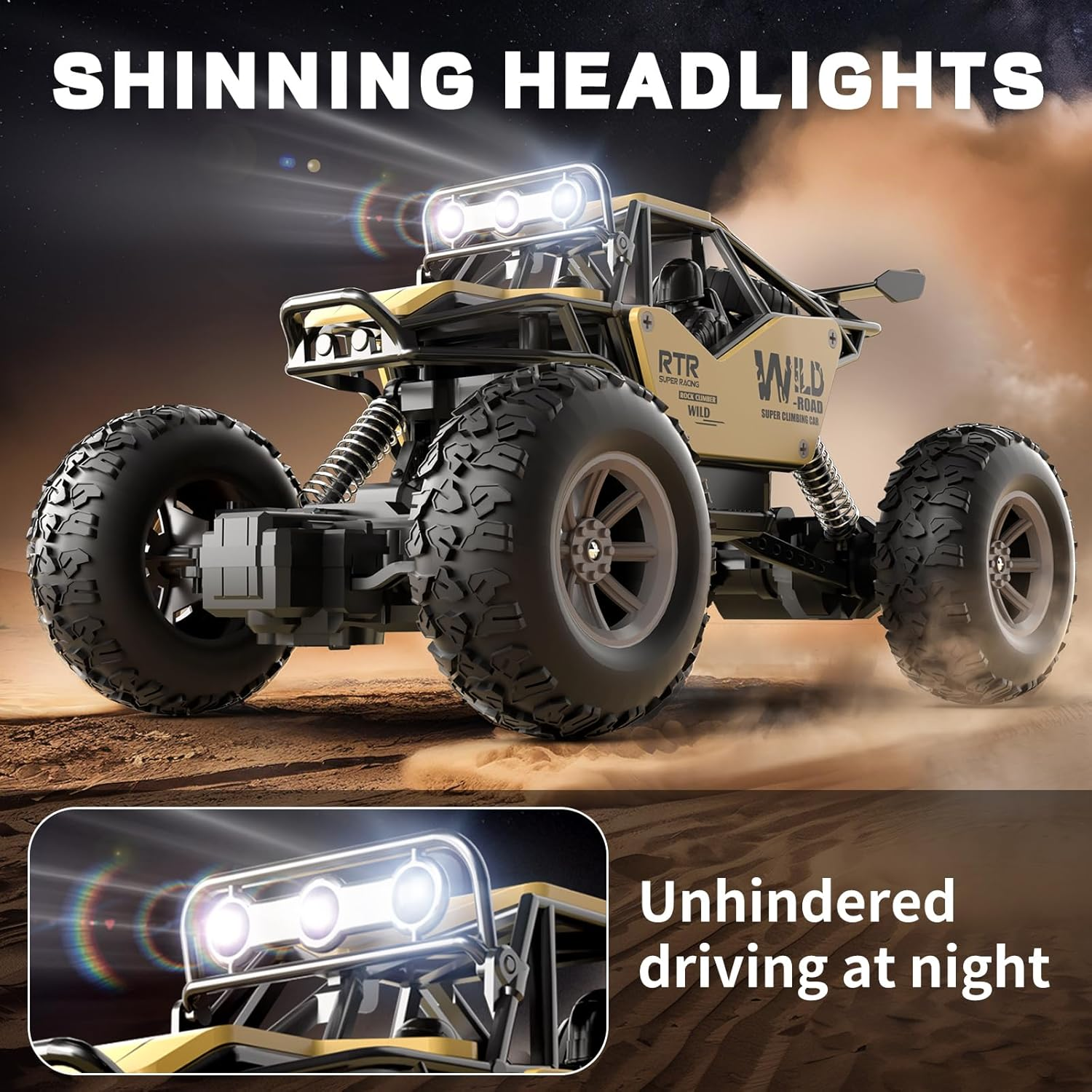 Remote Control Car for Kids,1:20 Scale RC Monster Trucks,Metal Shell 4WD LED Headlight RC Off-Road Vehicle for All Terrain Rock Climb Car for Kids Boys Toys (Gold) image number 3