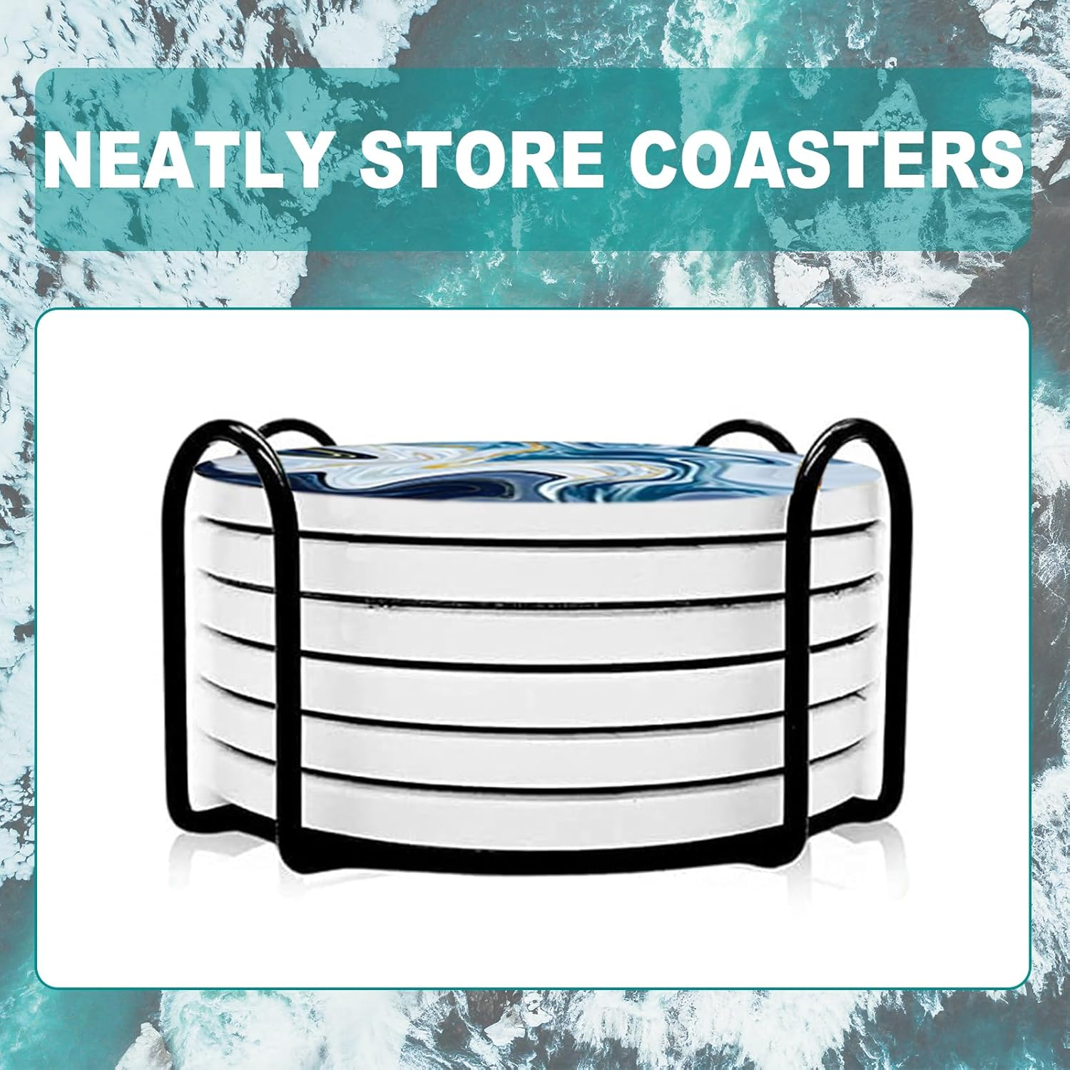 6 Pcs Blue Marble Ceramic Coasters with Holder - Ultra Absorbent Drink Coasters Set, 4Inch Non-Slip Cork Bottom round Table Coasters for Coffee Wine Bar, Decorative Metal Stand Storage image number 5