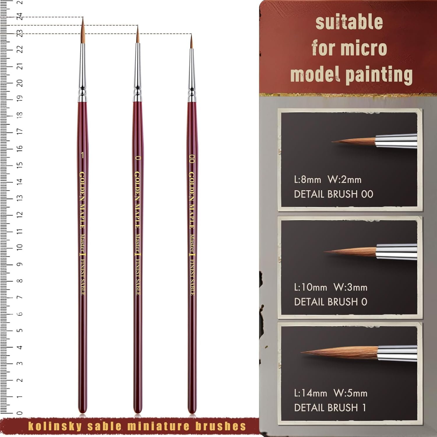 Golden Maple Kolinsky Sable Miniature 3PCS Professional Ultra Fine Detail Paint Brushes for Miniatures Fingure Size 00, 0, 1 image number 2