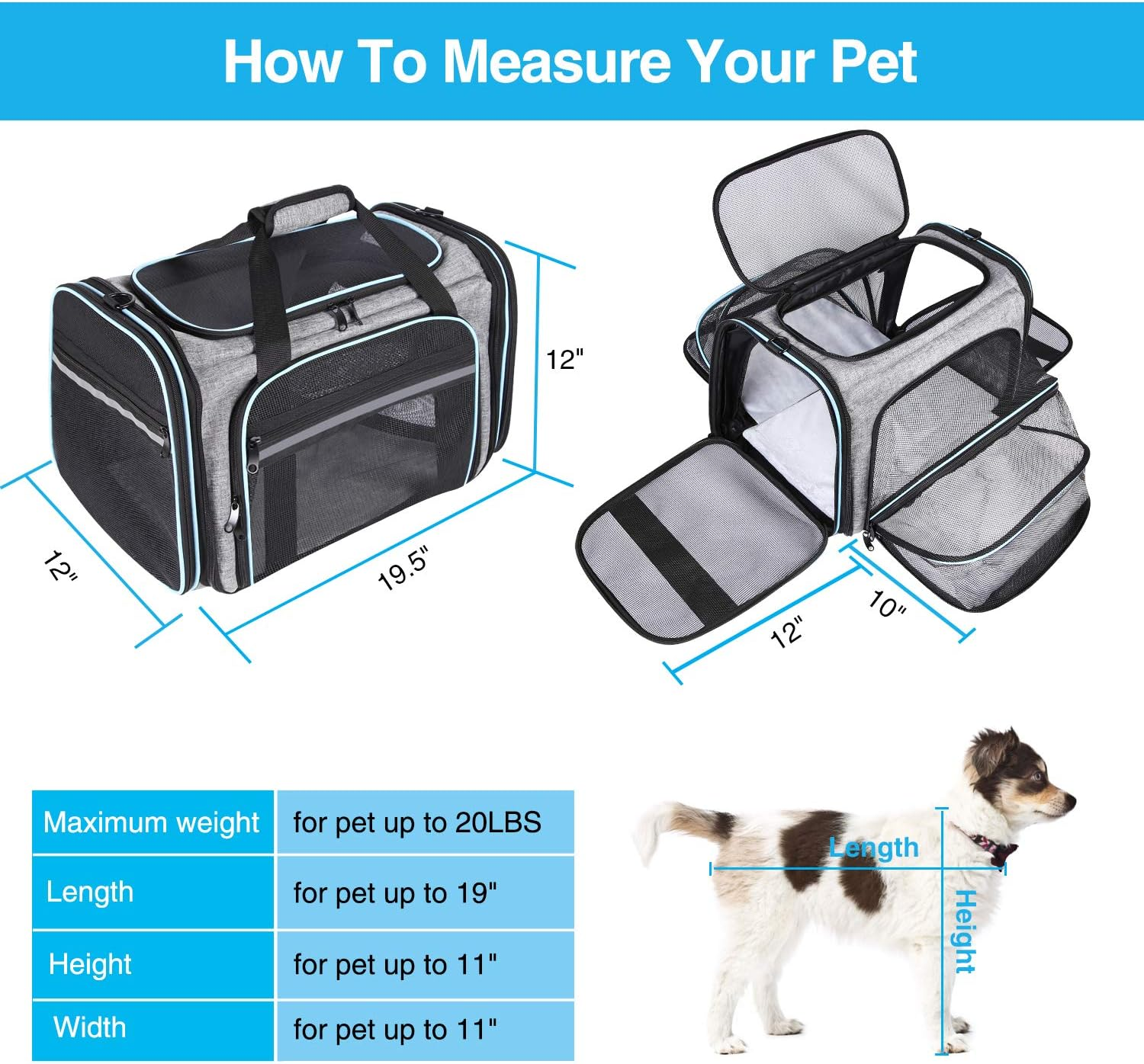 MASKEYON Airline Approved Portable Pet Carrier 2 Sides Expandable Soft-Sided Large Cats Carrier Collapsible Kennel Travel TSA Carrier 4 Doors with Removable Pads and 3 Pockets for Puppy Small Dogs image number 1