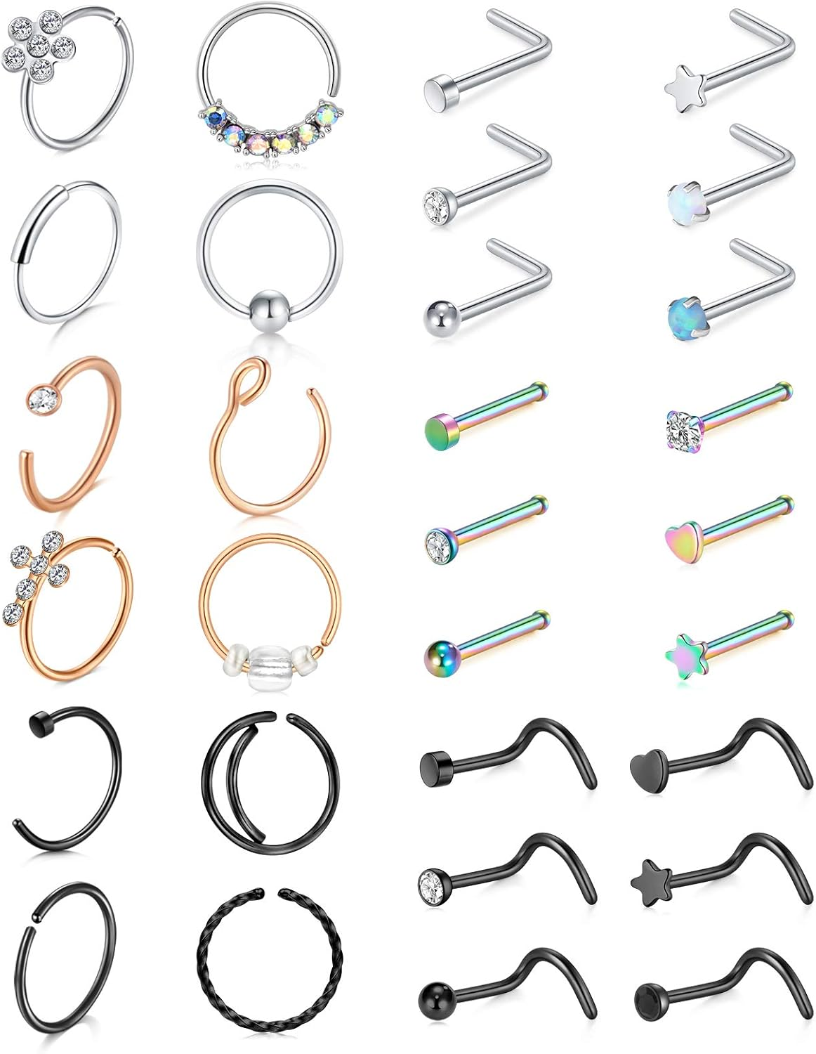 Mayhoop 20G Stainless Steel Nose Rings Hoop L Shape Nose Studs Nose Screw Bone Silver Rose Gold Black Rainbow Pack for Women Men 28Pcs