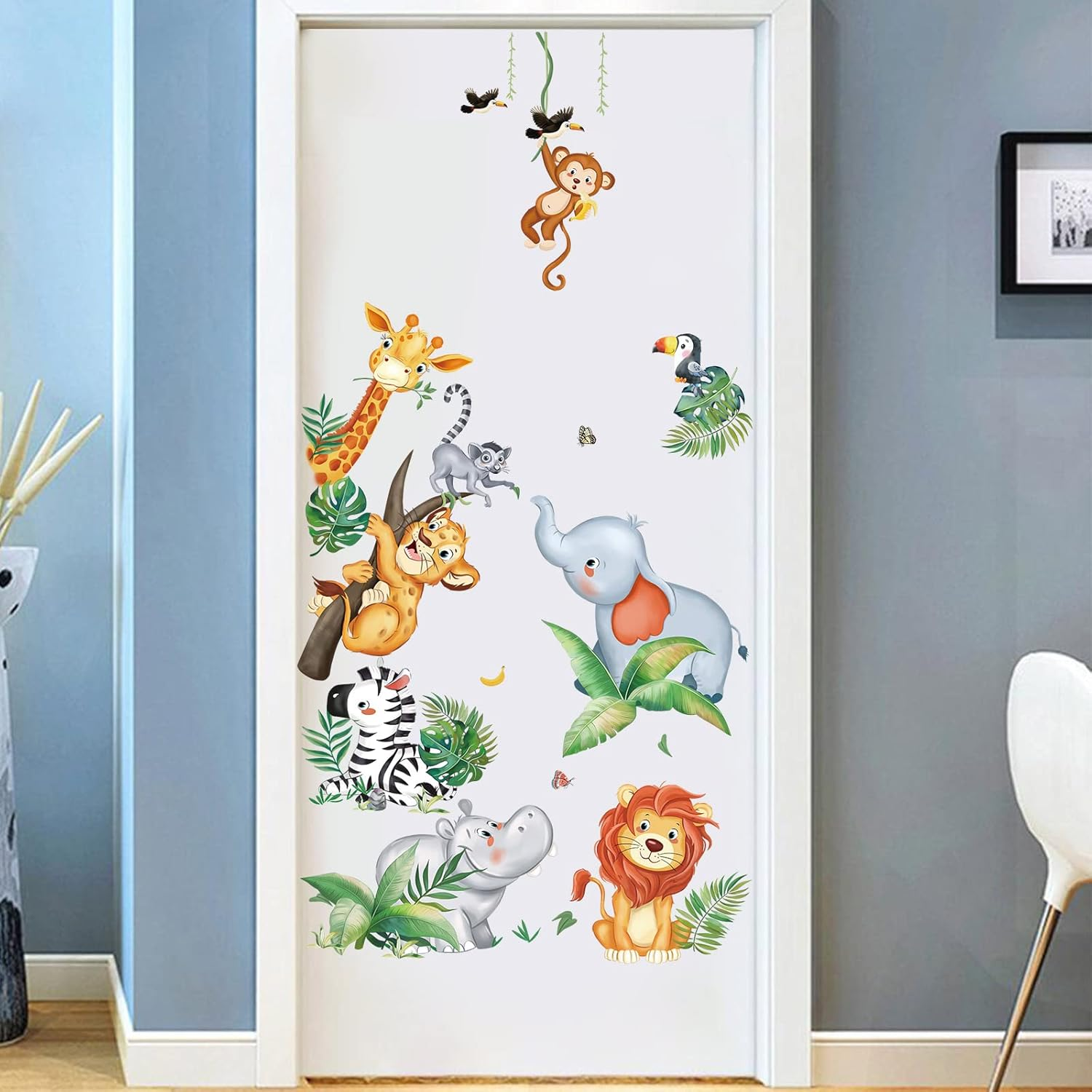 Wondever Jungle Animals Wall Stickers Safari Animal Elephant Giraffe Lion Monkey Peel and Stick Wall Art Decals for Kids Bedroom Baby Nursery Door Decor