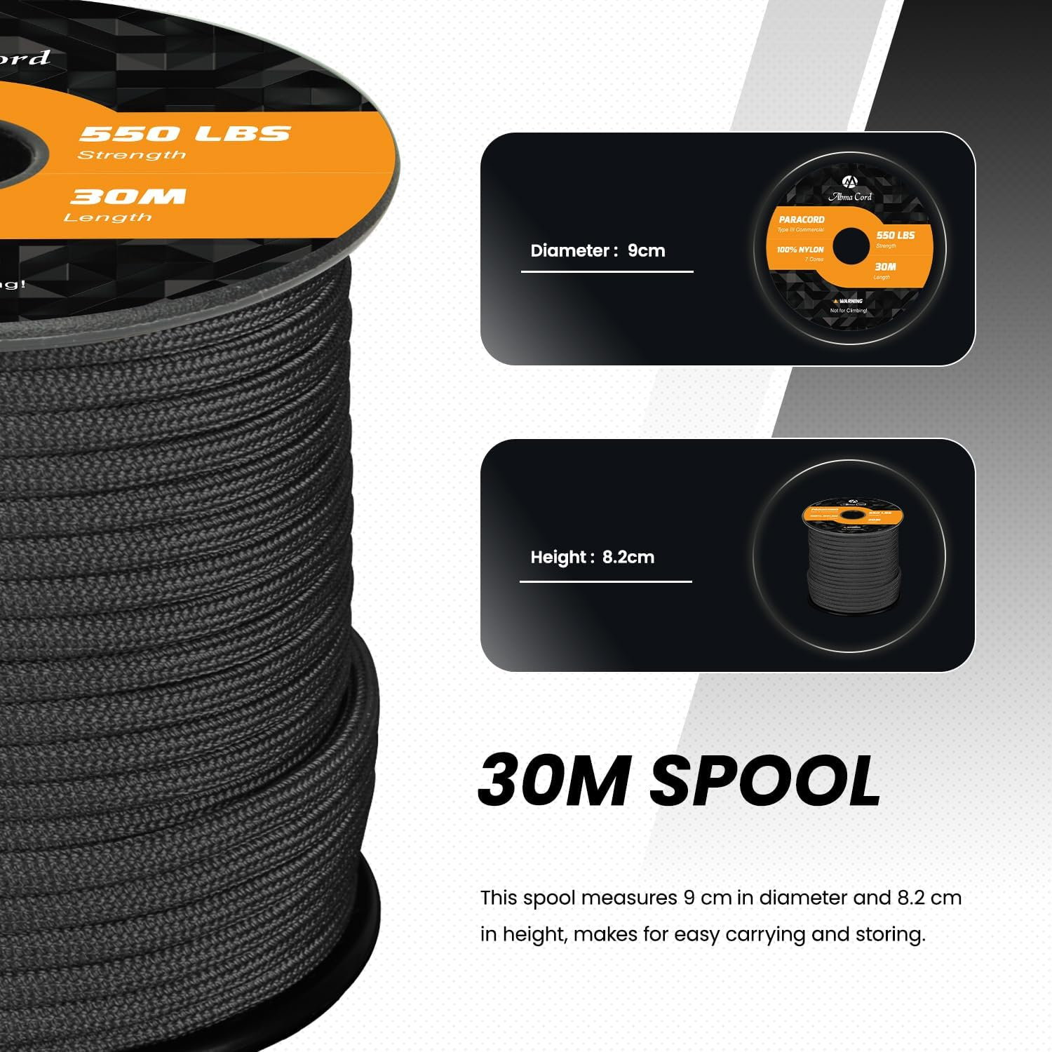 Abma Cord Paracord 550 4Mm 30M 100% Nylon Rope Type III 7 Strands Parachute Cord for DIY, Camping, Survival, Outdoor - Max. 250Kg - Black - Black image number 6