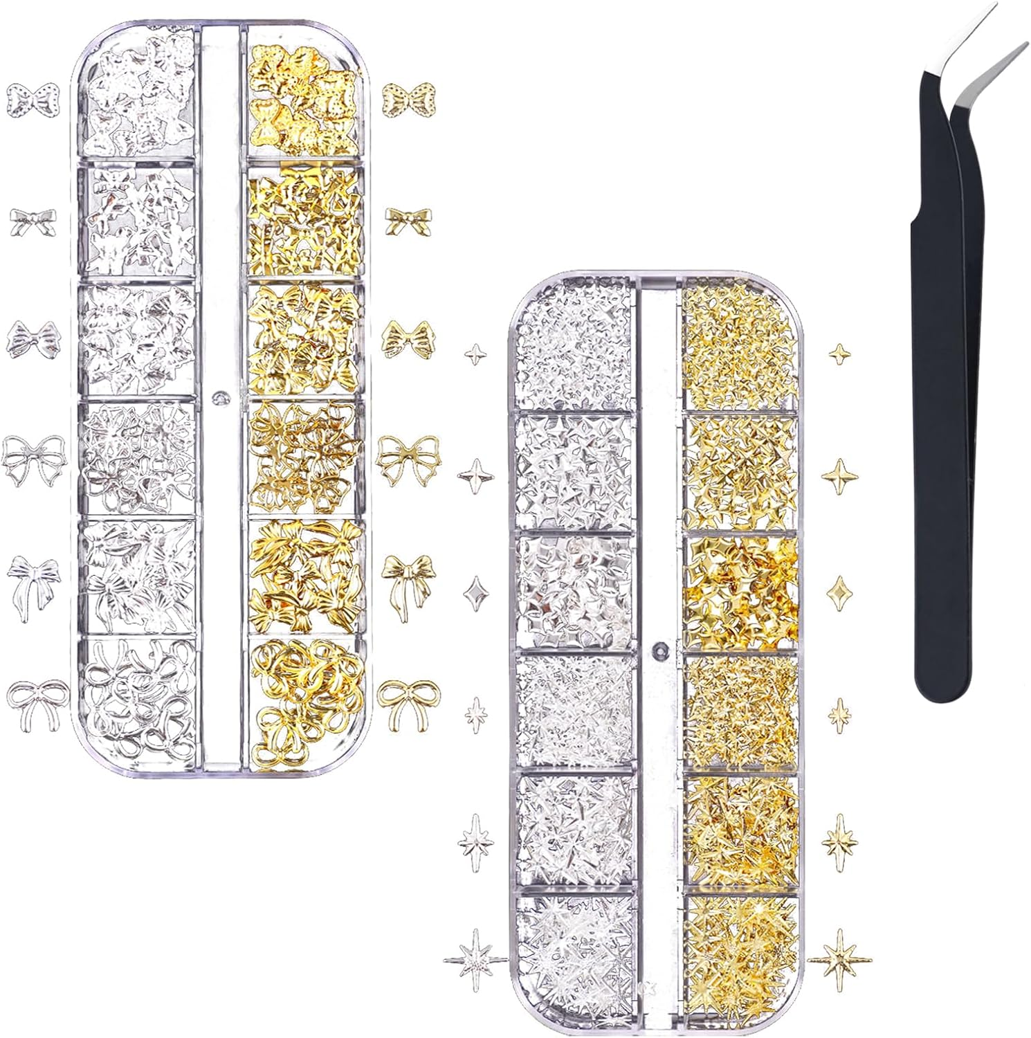 2 Pieces Metal Bow Nail Charms Gold Silver Star Bows Nail Charms Rhinestones Metal Nail Art Decoration Tweezers with Curved Tip for Nail Design Accessories image number 1