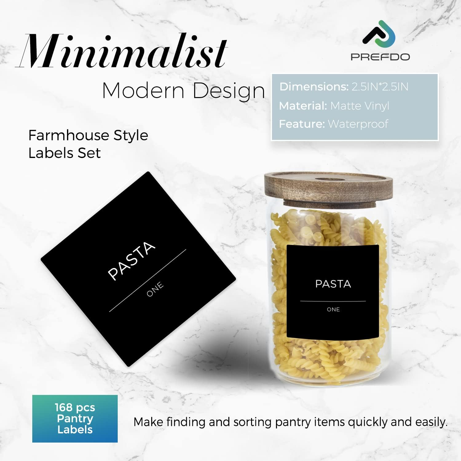 168 Pantry Labels, Prefdo Minimalist Farmhouse Waterproof Preprinted Food Name Stickers + Numbers for Kitchen Organization Storage Containers, Jars & Canisters (Black) image number 6