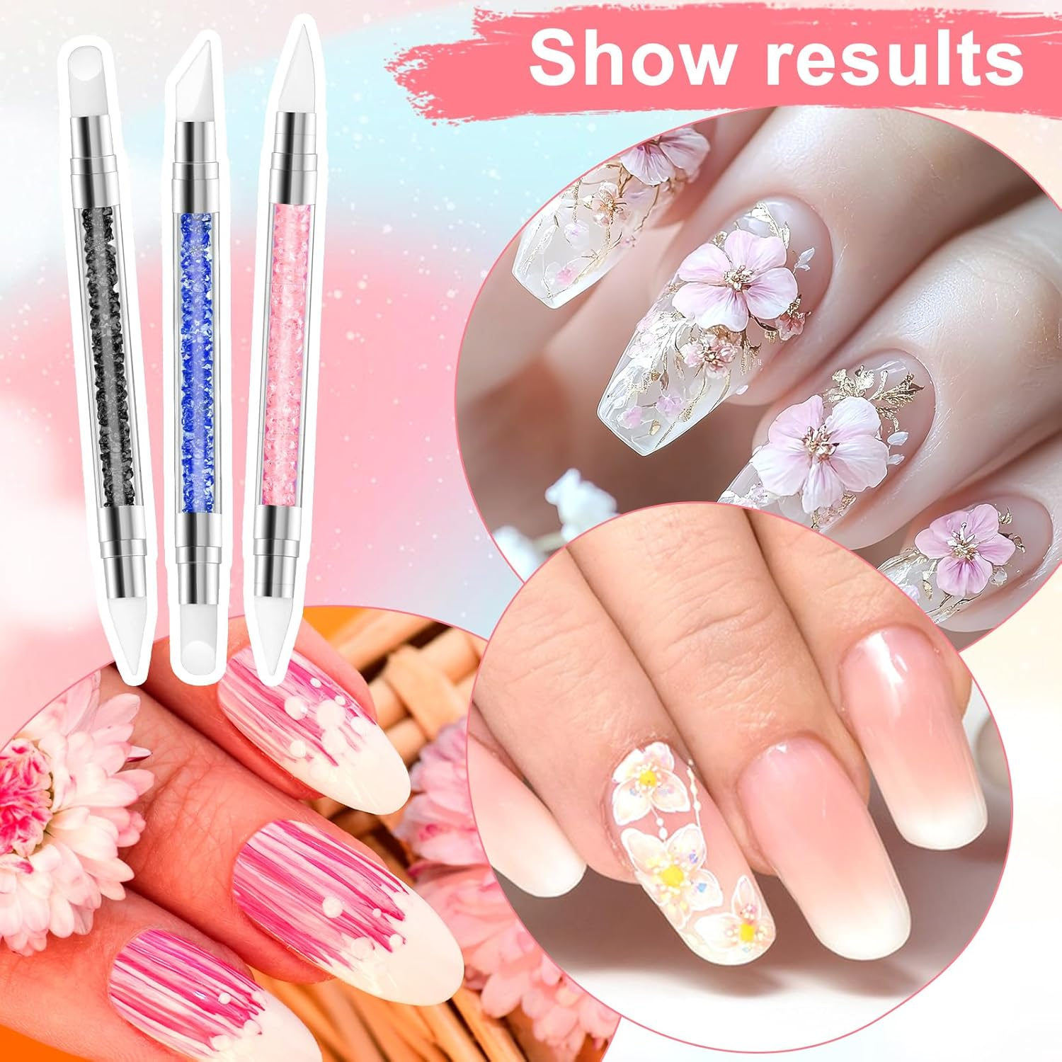 3 Pcs Nail Art Sculpture Pen, Dual Tipped Silicone Nail Tools, Silicone Head Acrylic Handle Nail Art Brushes, Rhinestone Nail Polish Carving Pen, Nail Art Tools for Home Salon(Black, Pink, Royal Blue) image number 4