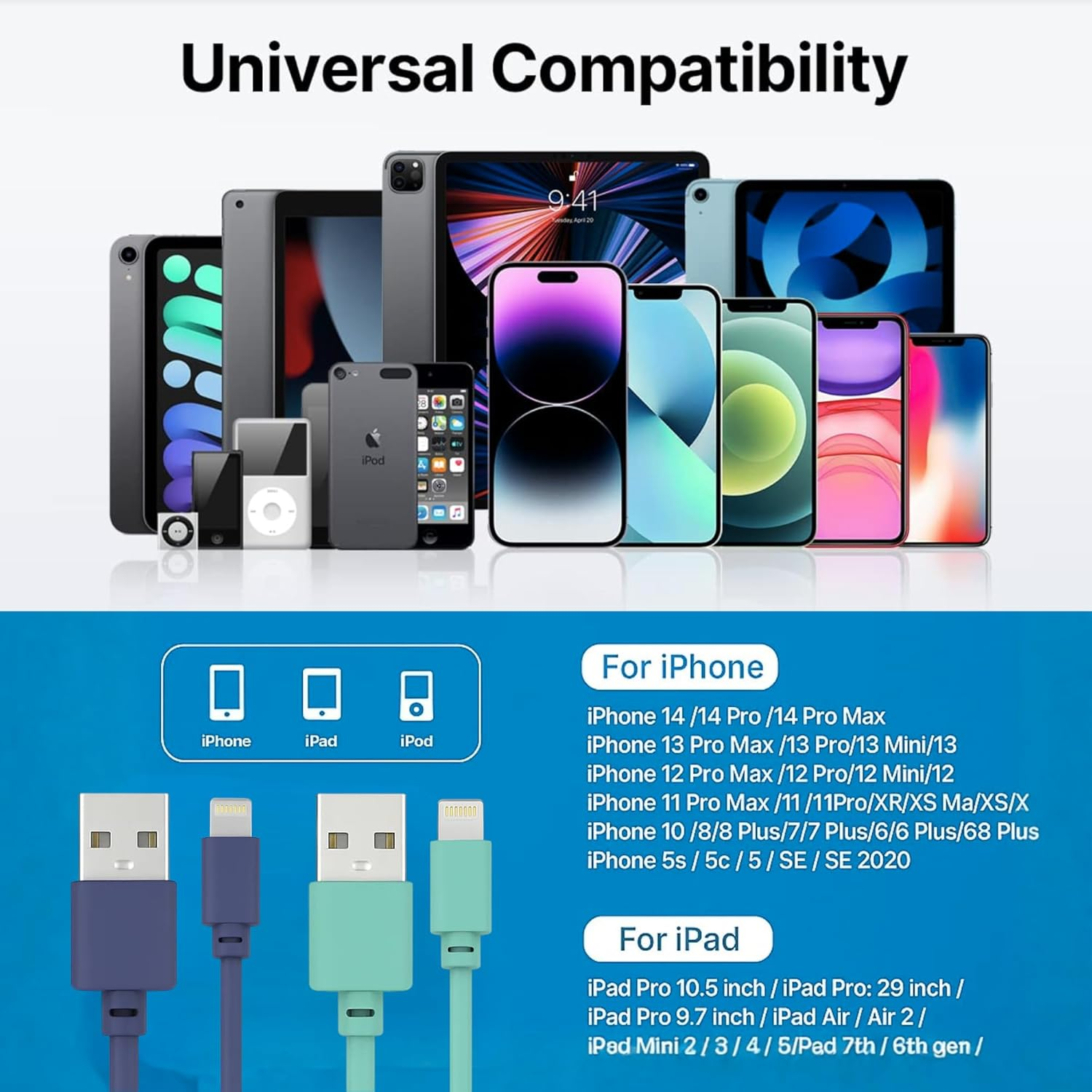 Laser Twin Pack 2M Mfi Lightning to USB-A Charging Cables | Extra Long Apple-Certified Iphone & Ipad Charger Leads (Purple + Green) image number 6