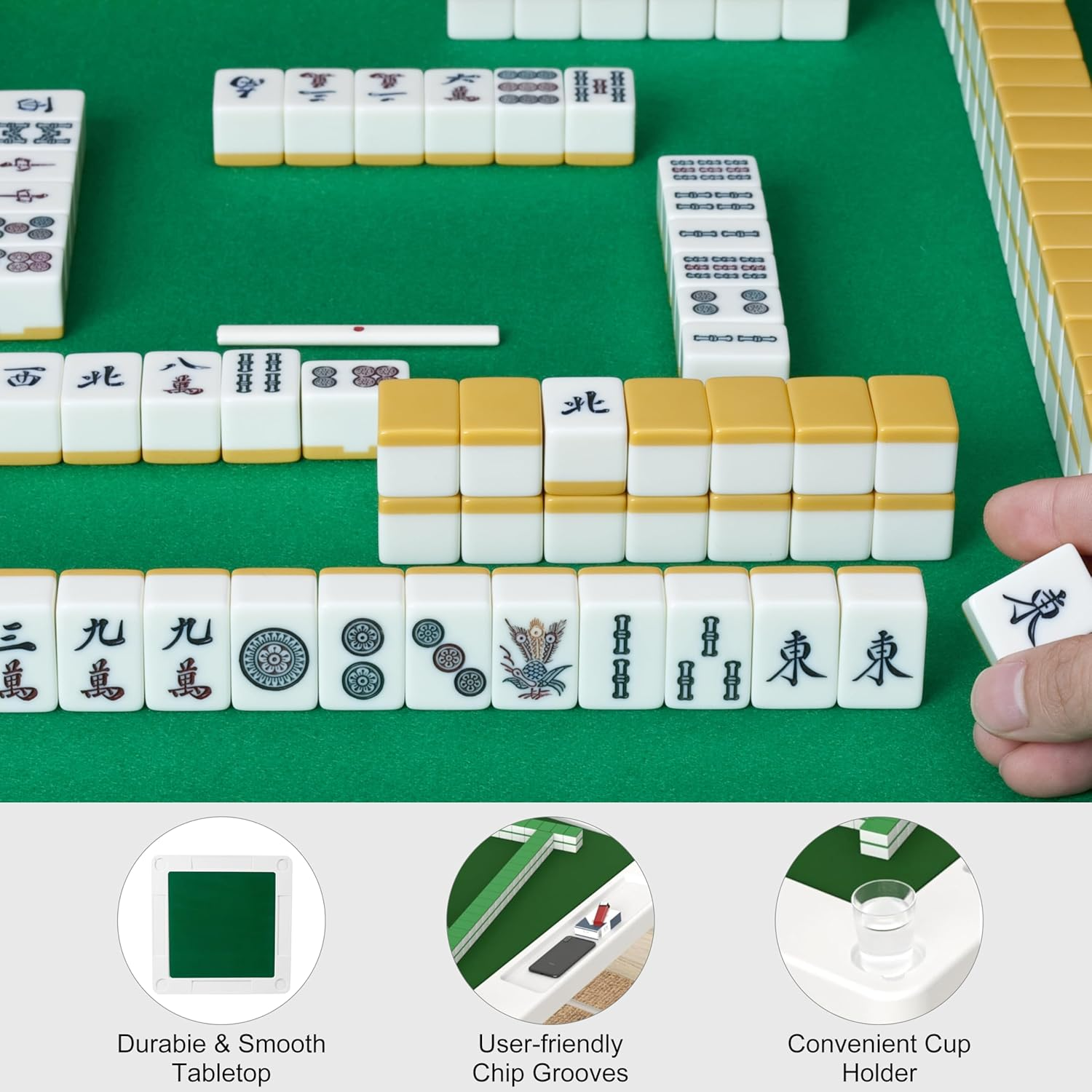 ONEIN Foldable Mahjong Table with Green Surface, Multipurpose Game Table for Mahjong, Poker, and Chess, Portable Table with Iron Frame, Cup Holders & Chip Trays, Space-Saving Design, 90Cm X 90Cm image number 6