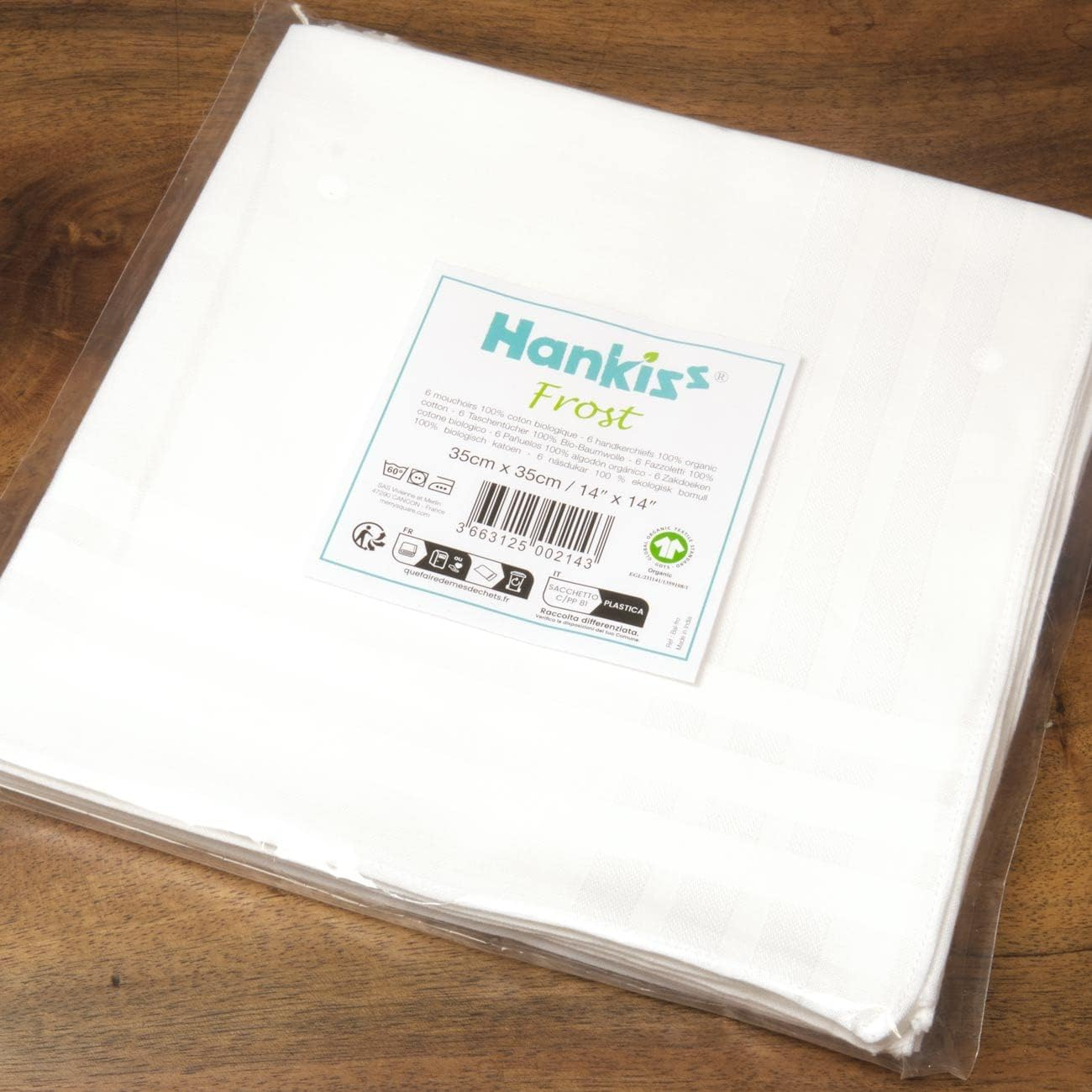 Hankiss - Handkerchiefs Made of Organic Cotton, White, Model Frost, Size 35 Cm X 35 Cm, 6 Pieces, 100% Cotton, Gots-Certified