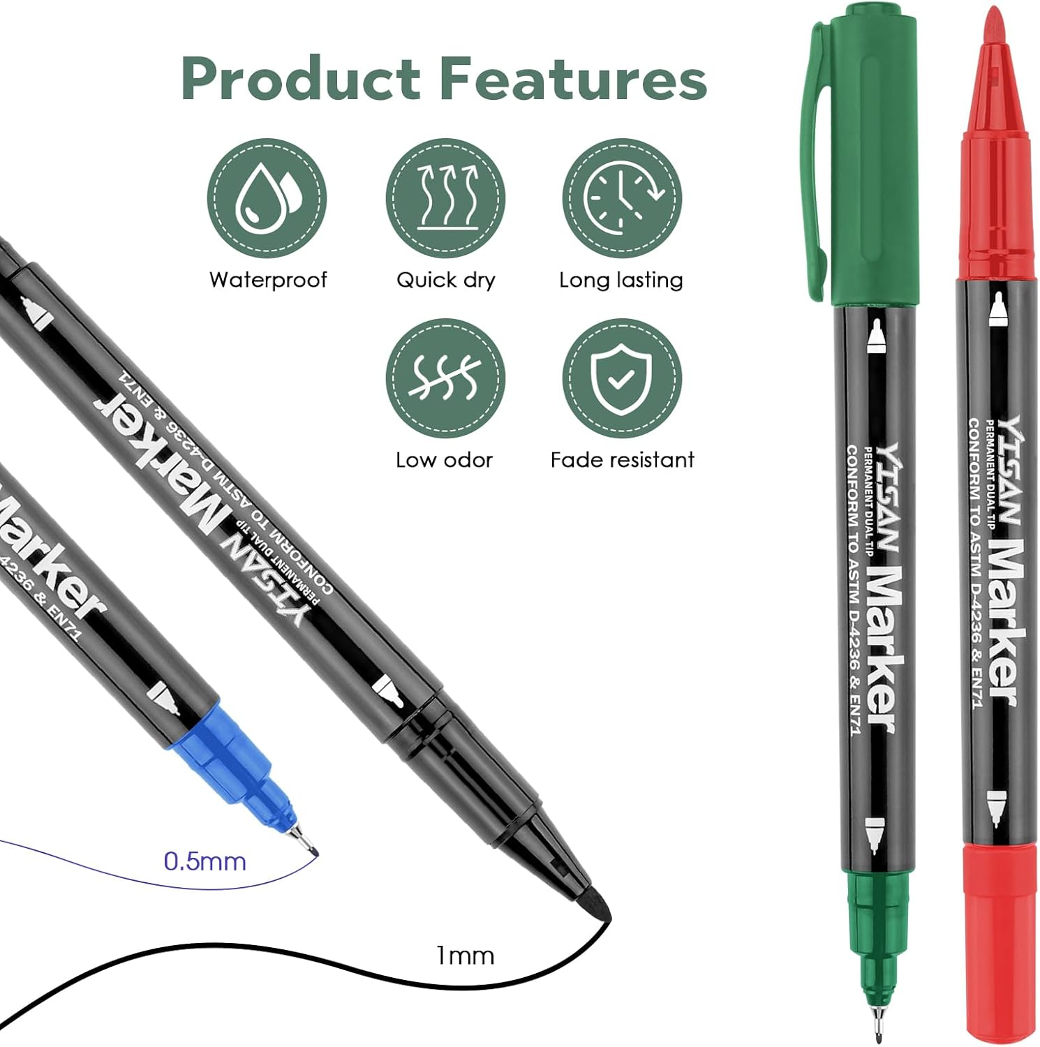 YISAN Permanent Marker Thin Permanent Pen 4 Colours with Fine Double Tip, 12 Waterproof Felt Tip Pens for Glass, Stone, 70795