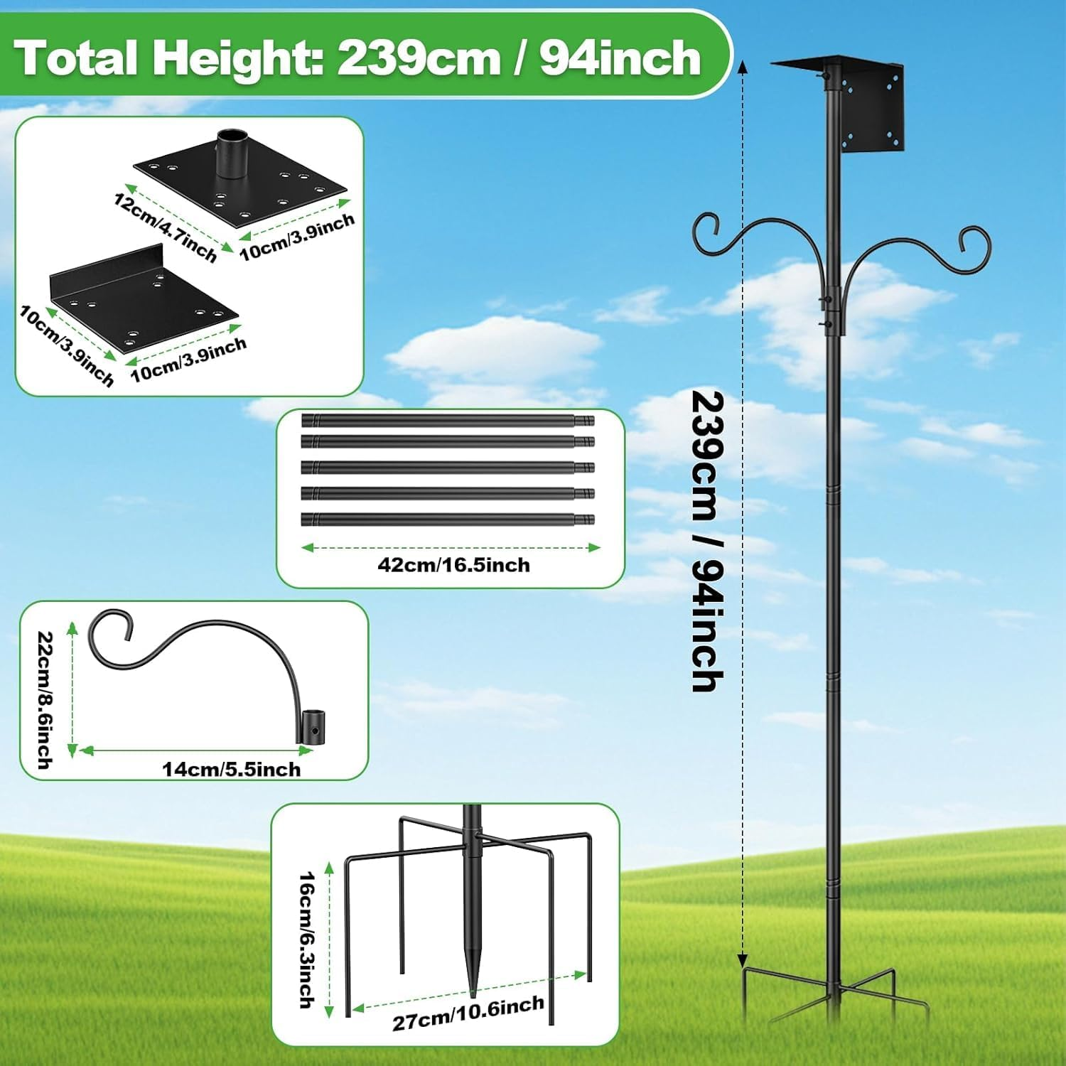 Upgraded 94 Inch Bird Feeder Pole with Shepherds Hooks,Adjustable Bird House Pole Mount House Pole Kit with 5 Prongs Base for Garden, Birds Watching & Birdfeeder Pole, Heavy Duty Bird Feeder Stand image number 6