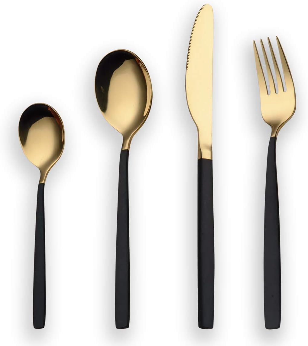 Berglander 24 Piece Titanium Gold Plated Stainless Steel Cutlery Set, 24 Pieces Golden Flatware Set, Gold Silverware Set Cutlery Sets, Service for 6 (Shiny Gold)