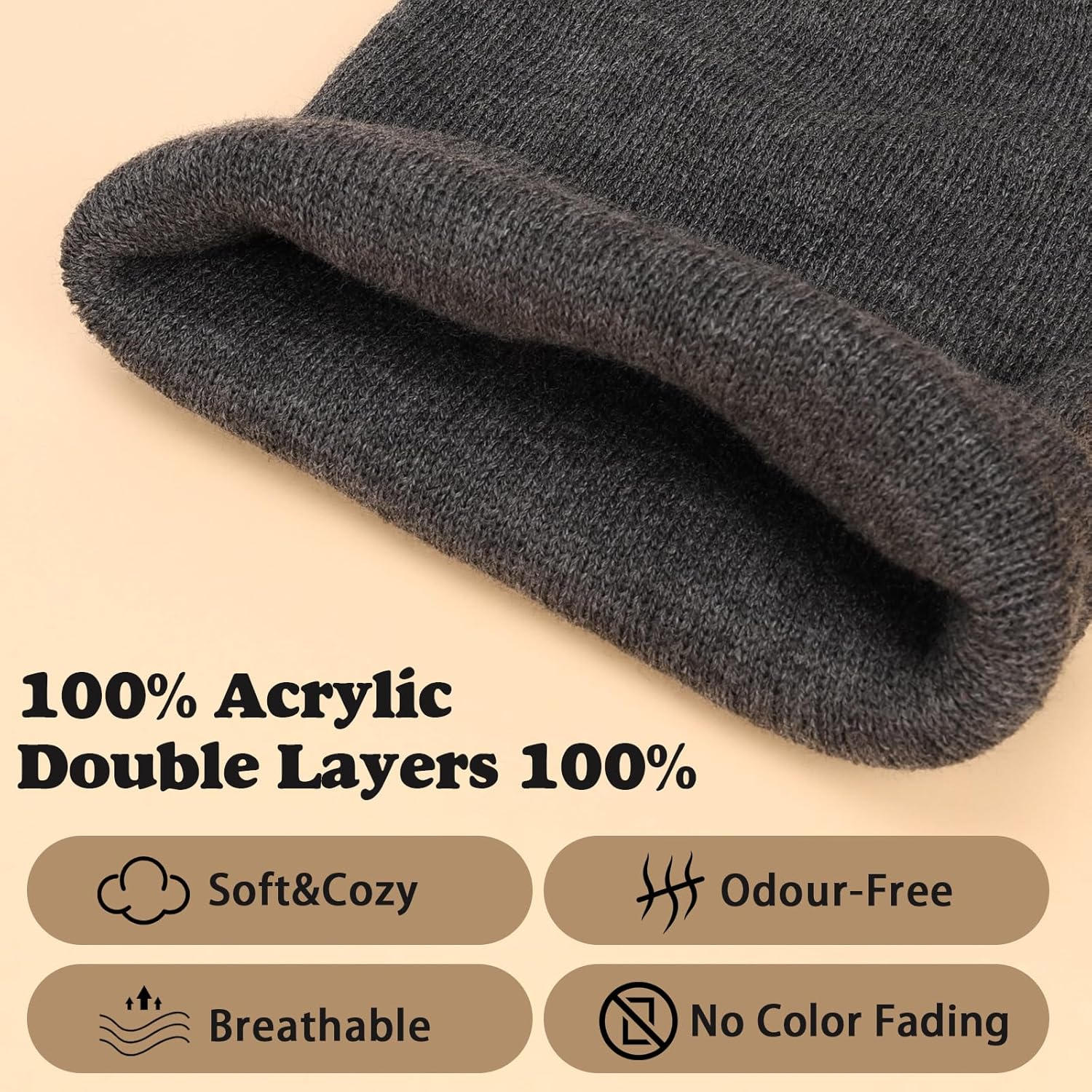 Fiohiros 2 Pack Kids Beanie, Baby Toddler Beanie, Warm Soft Stretchy Unisex Knit Winter Hat for Boys, Girls 3-17 Years - 2 Pack Black+Grey image number 4